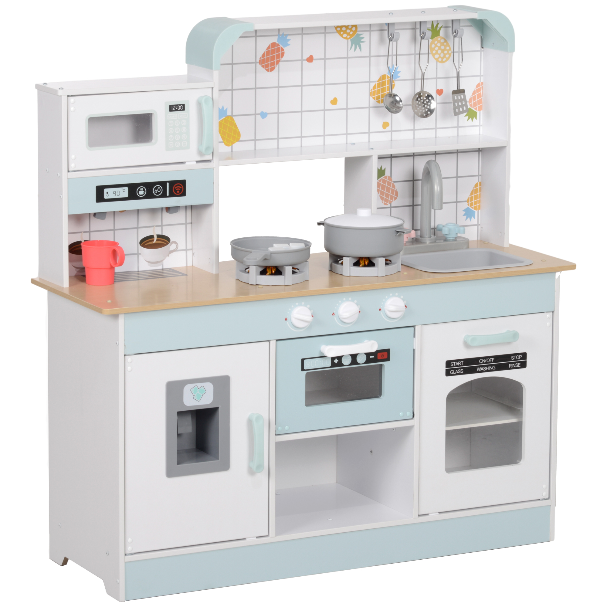 AIVAGO Toy Kitchen, Pretend Role Play Kitchen with Hob, Sound and Light, Coffee Machine, Ice Maker, Microwave - Life Essentials