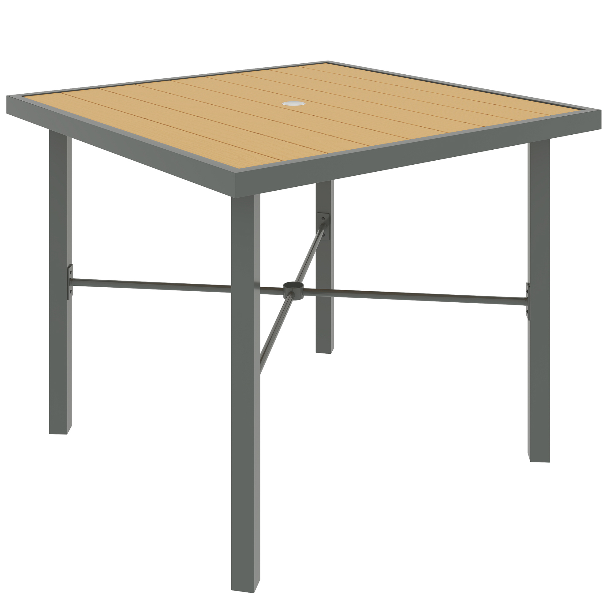 SUNVISTA 90cm Square Patio Table with Umbrella Hole, Metal Frame, Wood Effect Top, Natural Finish - Life Essentials
