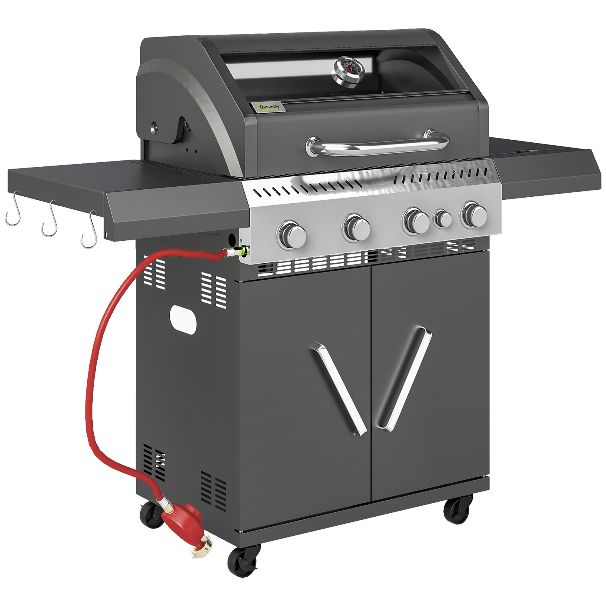 SUNVISTA 4+1 Burner Gas Grill, Clear View Lid, Side Table, Cabinet, Outdoor BBQ, Black - Life Essentials