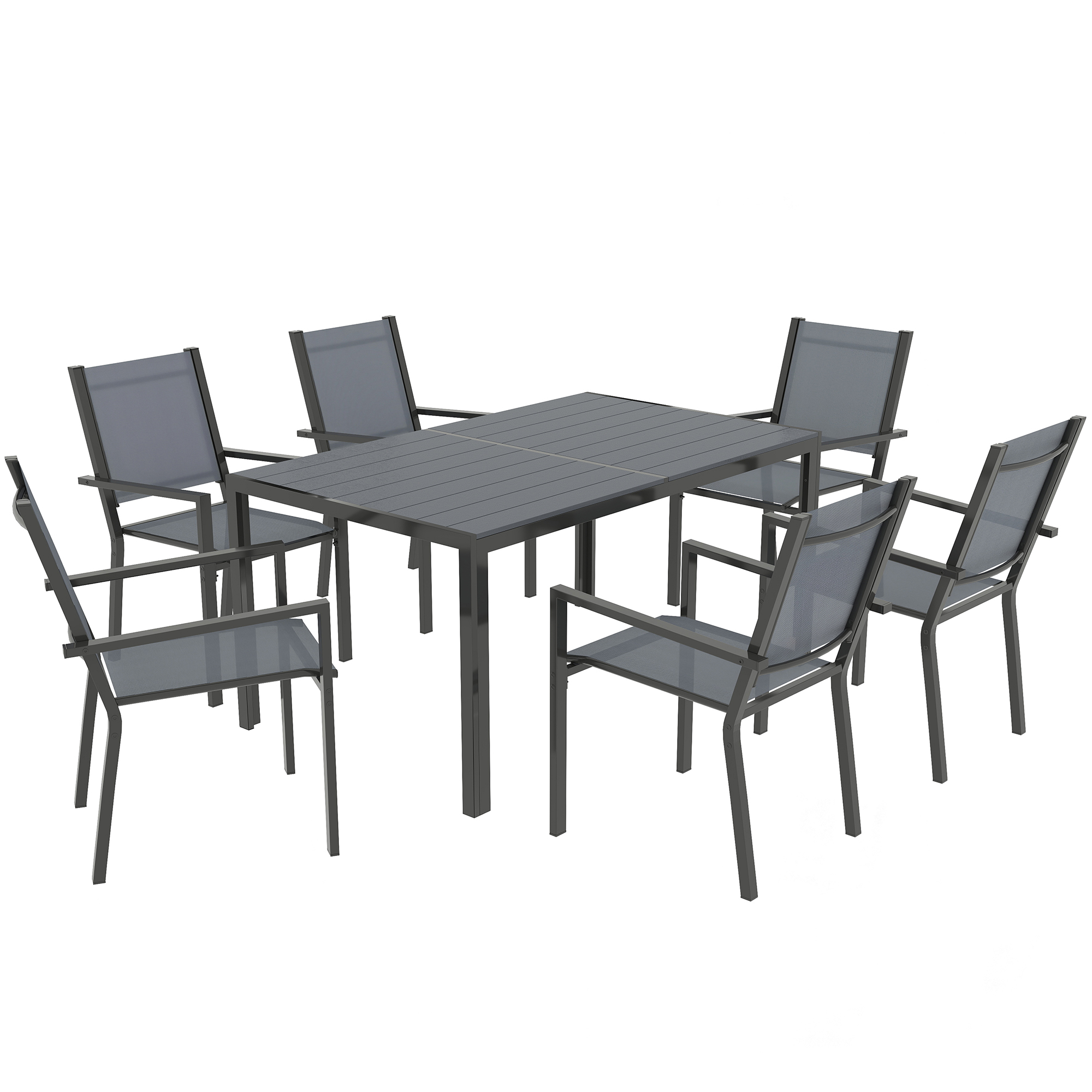 SUNVISTA 7-Piece Garden Dining Set with 6 Stackable Chairs & 150cm Table, WPC Slatted Top, Steel Frame, Grey - Life Essentials