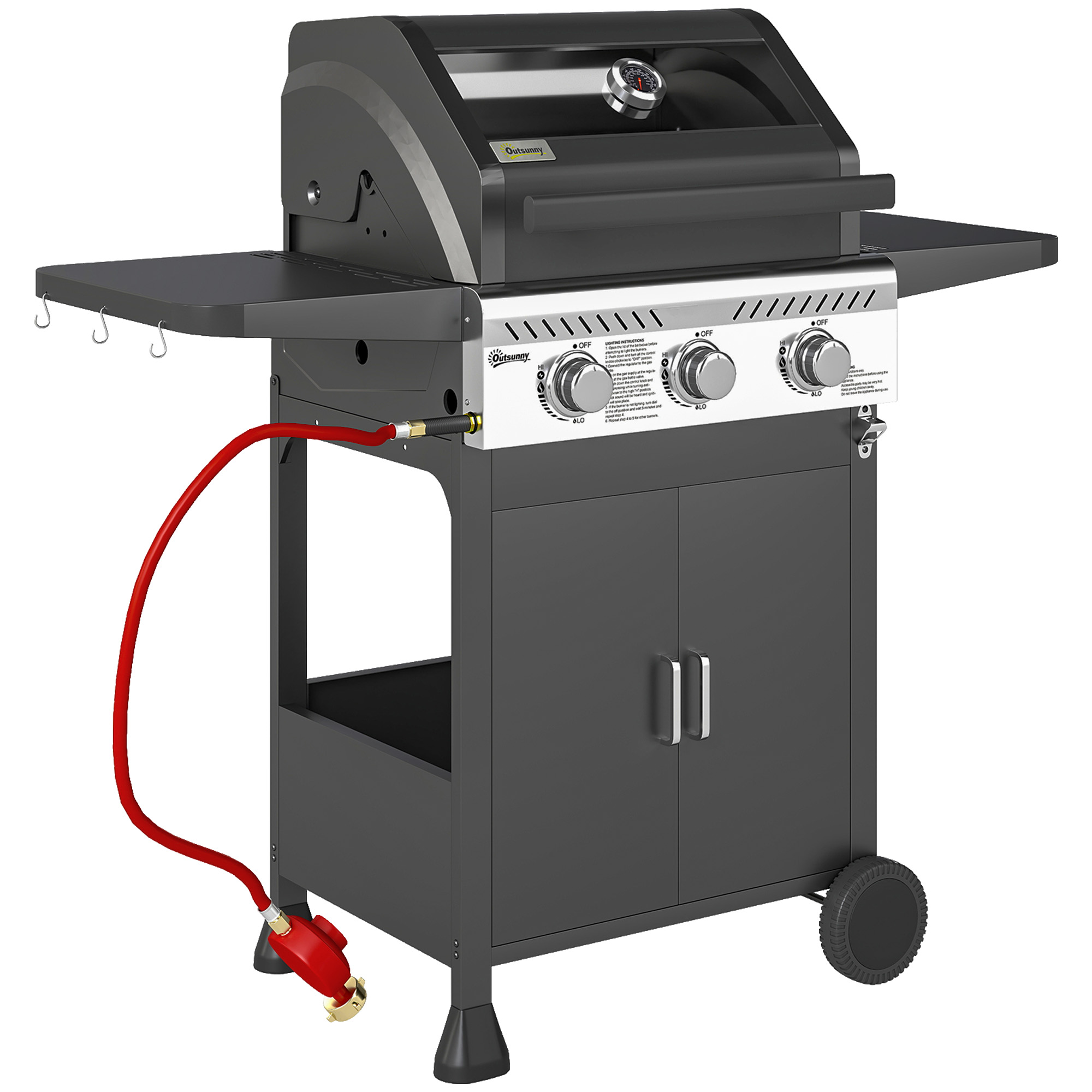 SUNVISTA 7.5kW Three-Burner Gas BBQ Grill, with See-Through Lid - Black - Life Essentials
