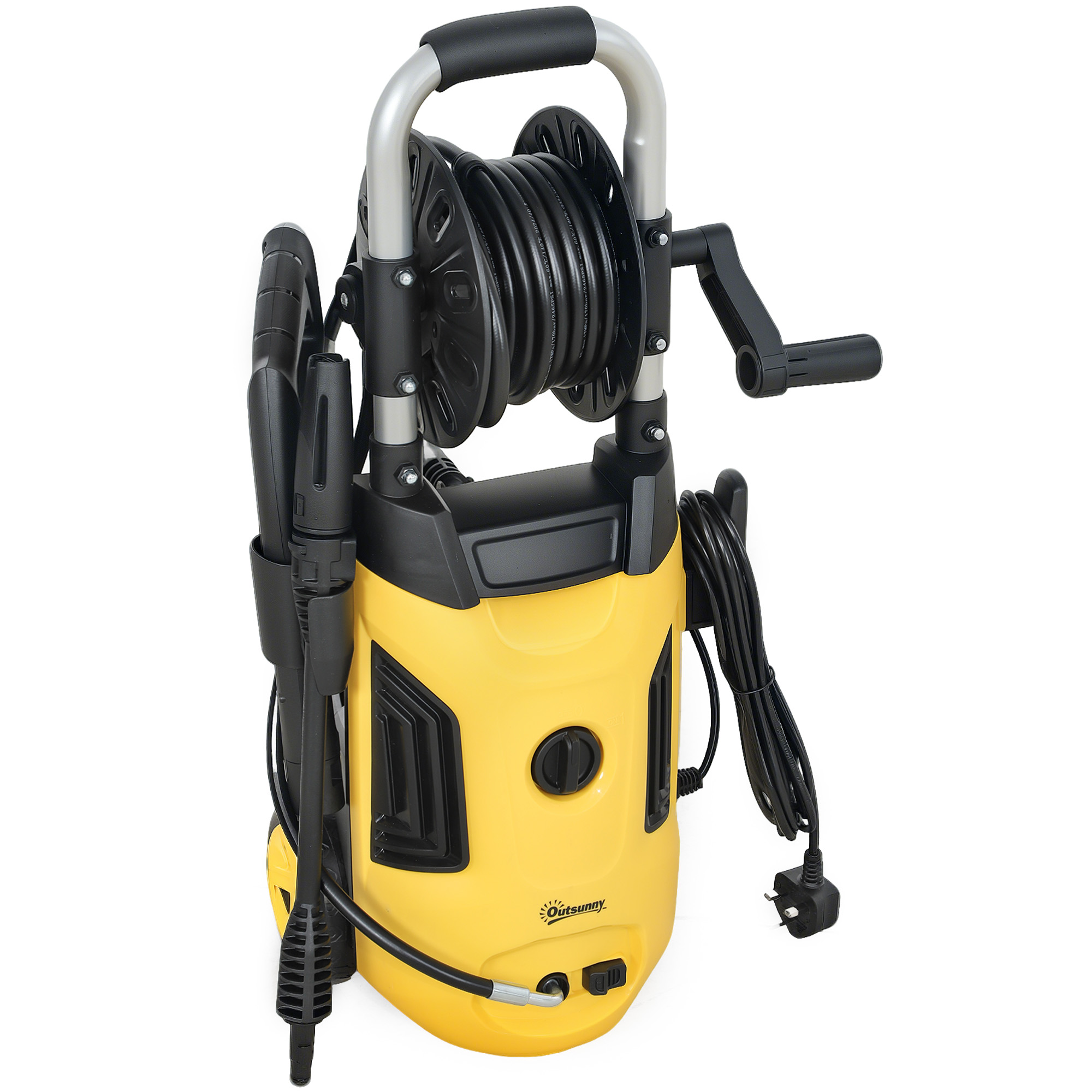 SUNVISTA 1800W Pressure Washer with Hose Reel, 150 Bar, 420L/h Flow, Power Jet Cleaner - Yellow - Life Essentials