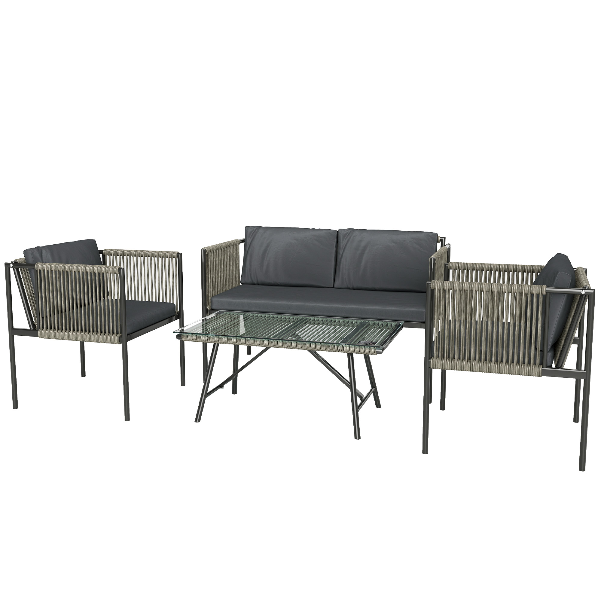 SUNVISTA 4-Piece Rattan Patio Set with Cushions, Loveseat, 2 Armchairs & Glass Coffee Table, Grey - Life Essentials