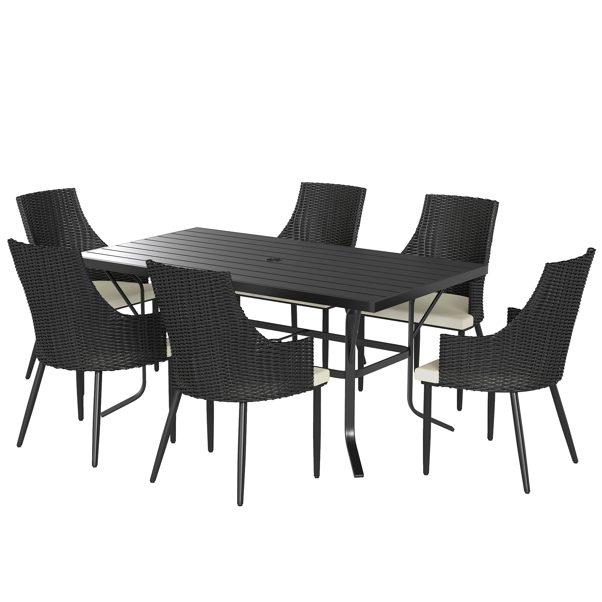 SUNVISTA 6-Seater Rattan Dining Set with Cushions, Slatted Table & Parasol Hole, Outdoor Patio Furniture, Cream White - Life Essentials