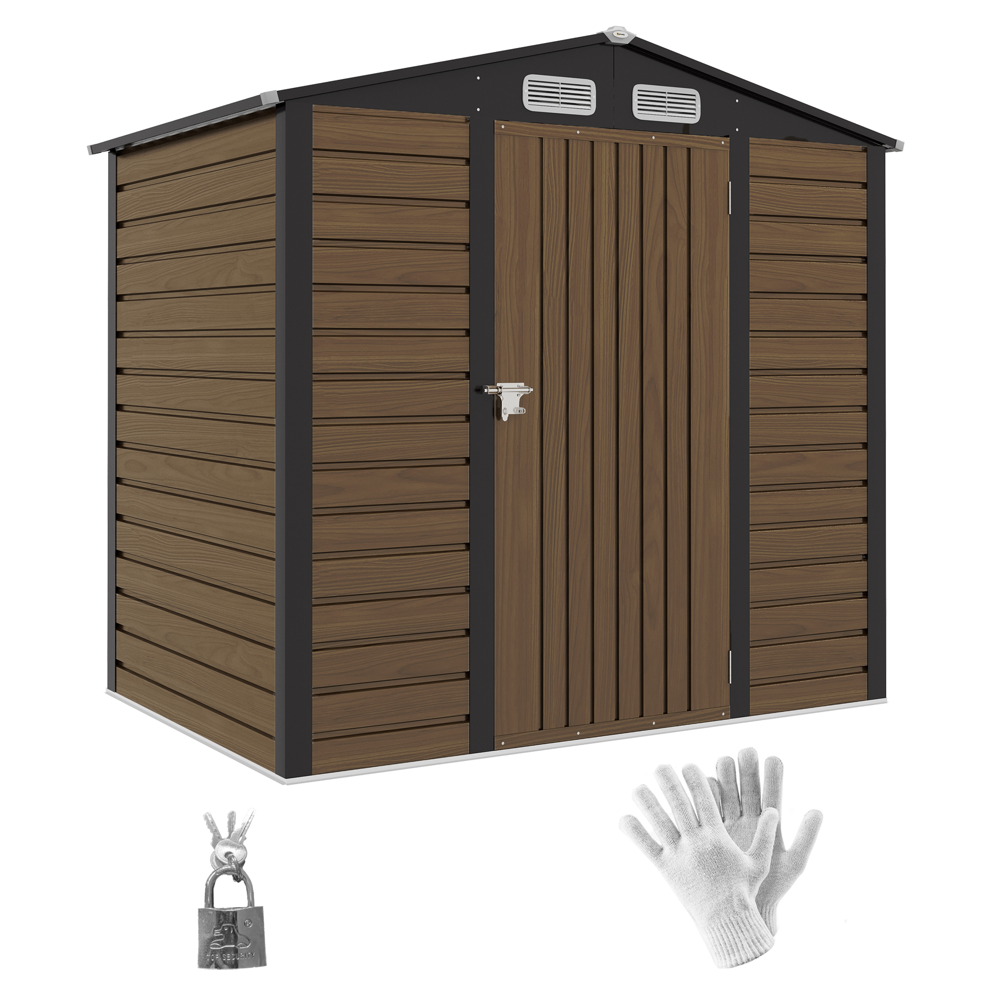 SUNVISTA 4 x 6ft Galvanised Steel Garden Shed, with Lock and Gloves - Oak - Life Essentials