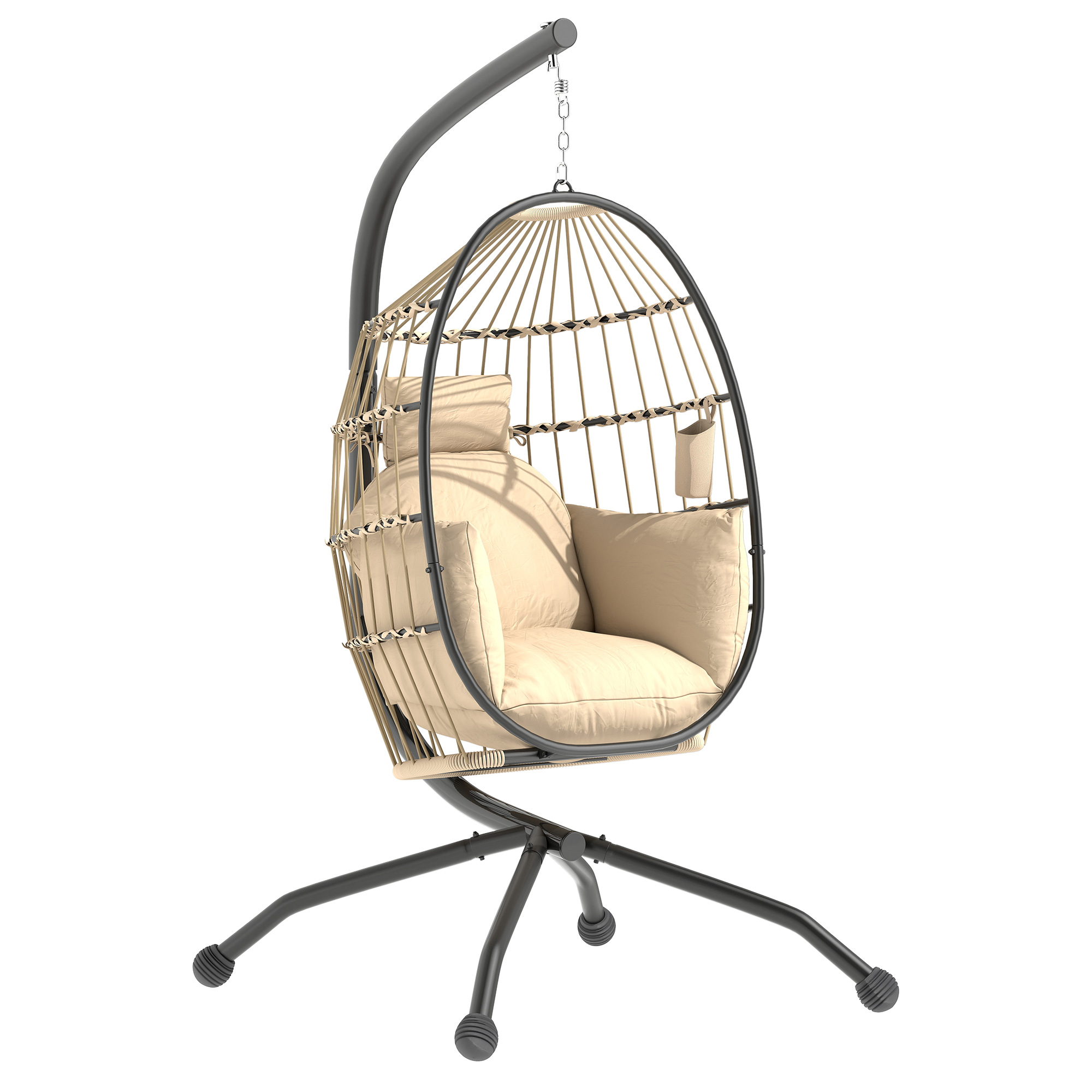 SUNVISTA Hanging Egg Chair Outdoor Indoor Garden Swing Chair with Folding Basket and Thickened Cushion, Khaki - Life Essentials