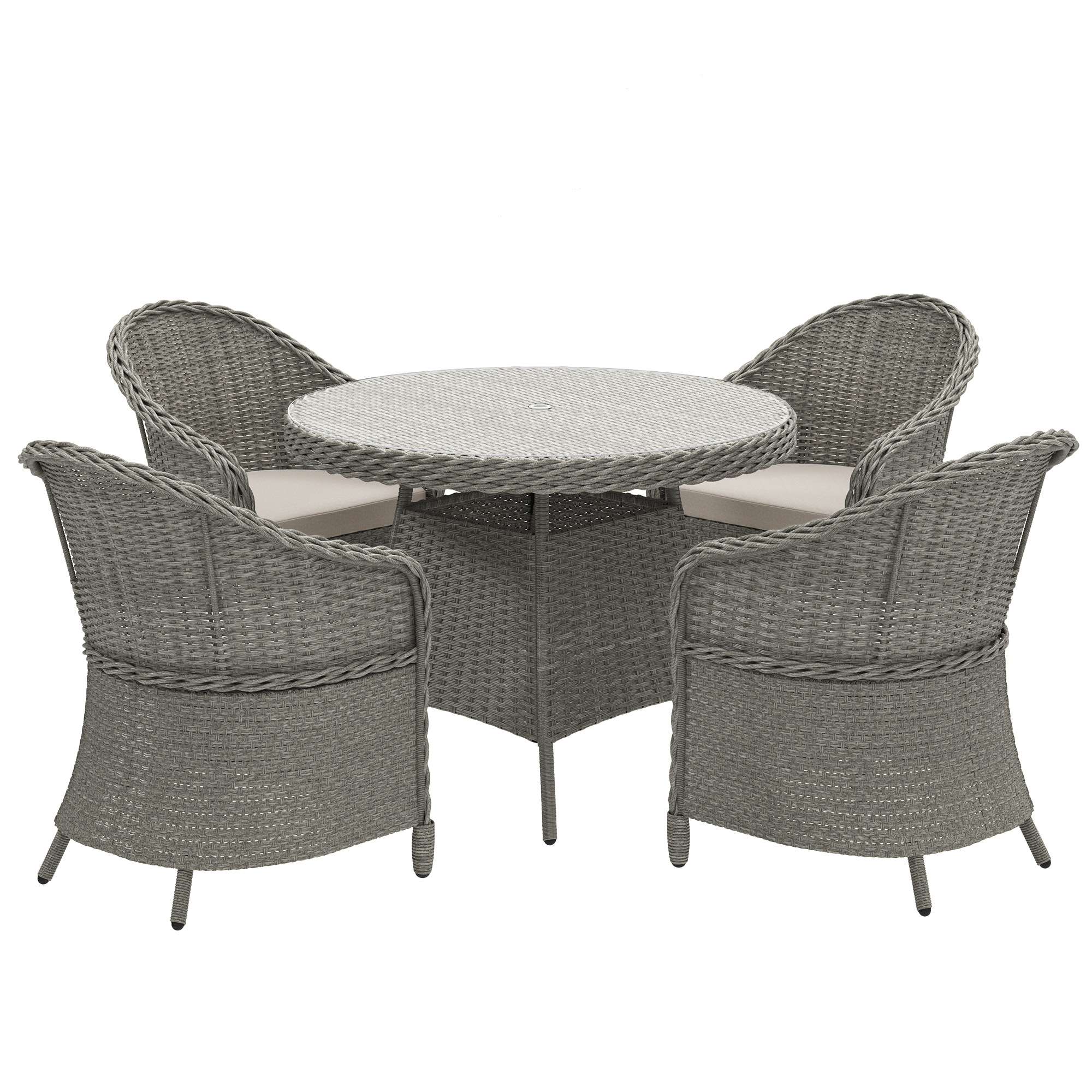 SUNVISTA 4-Seater Round Rattan Dining Set with Cushions, Glass Top Table & Umbrella Hole, Grey - Life Essentials
