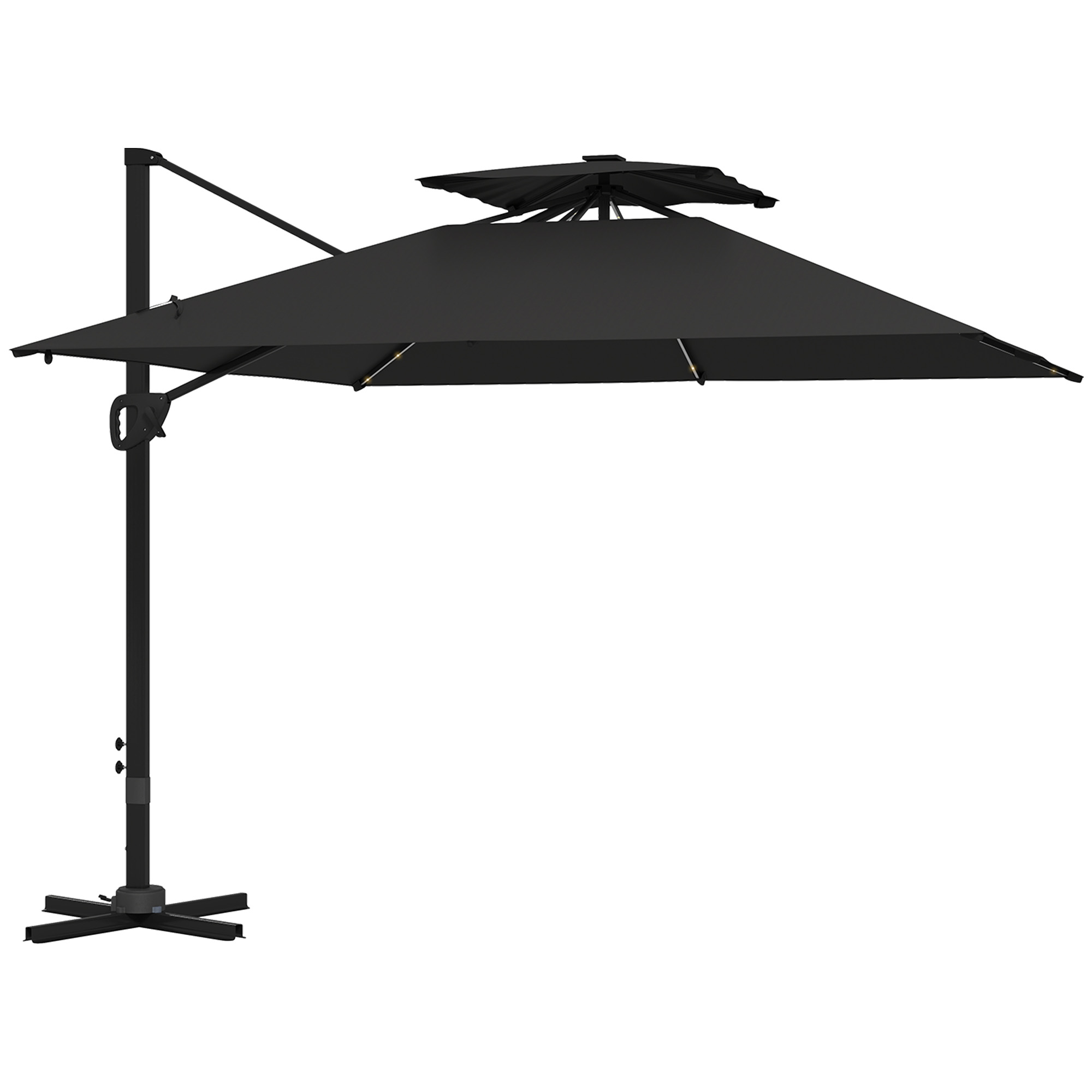 SUNVISTA 3.5x3m LED Cantilever Parasol with Centre Light, UPF50+ Patio Umbrella with Tilt & Cross Base, Black - Life Essentials