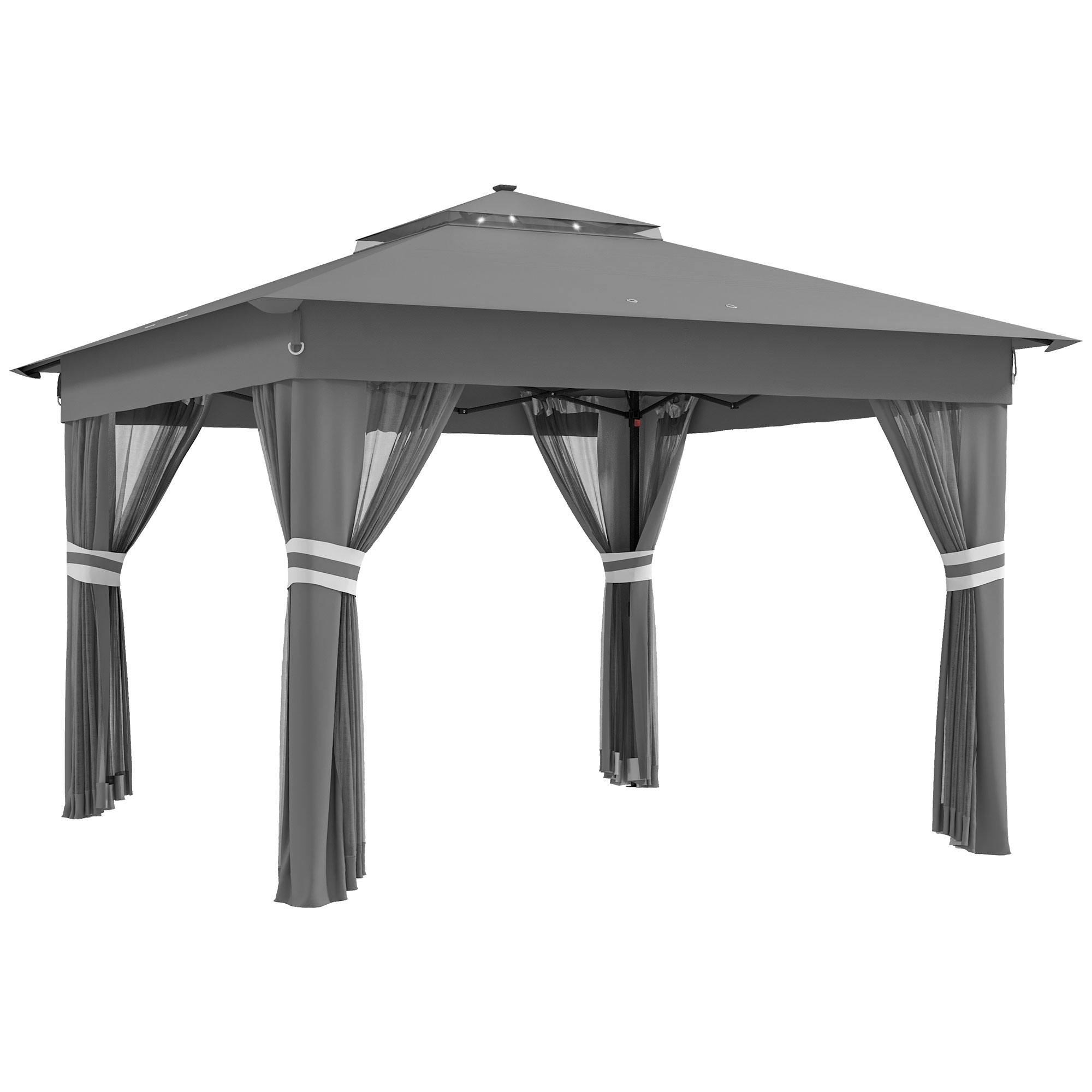 3 x 3(m) Pop Up Gazebo Party Tent with Solar-Powered LED Lights, Adjustable Event Shelter with Curtain, Netting, Grey - Life Essentials