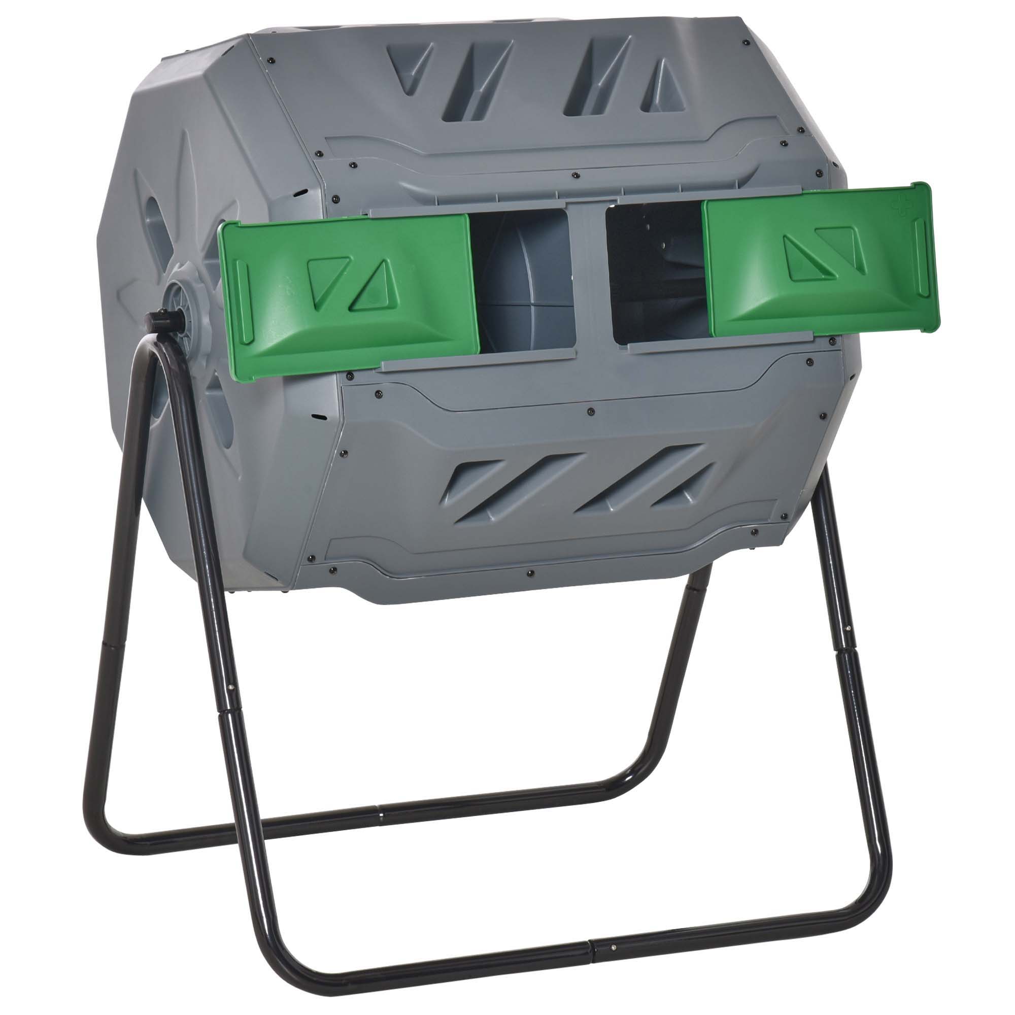 160L Tumbling Compost Bin Outdoor Dual Chamber 360° Rotating Composter w/ Sliding Doors & Solid Steel Frame, Grey - Life Essentials