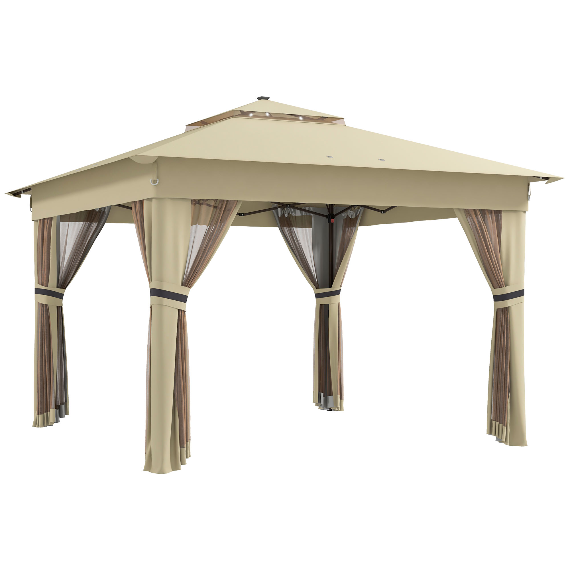 3 x 3(m) Pop Up Gazebo Party Tent with Solar-Powered LED Lights, Adjustable Event Shelter with Curtain, Netting, Khaki - Life Essentials