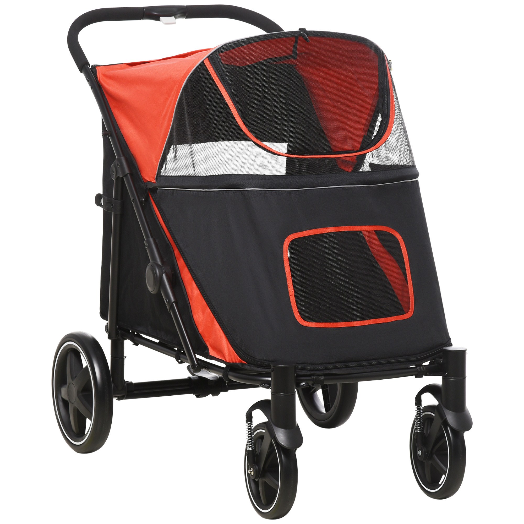 Pet Stroller with Universal Front Wheels, Shock Absorber, One Click Foldable Dog Cat Carriage with Brakes, Storage Bags, Mesh Window Red - Life 