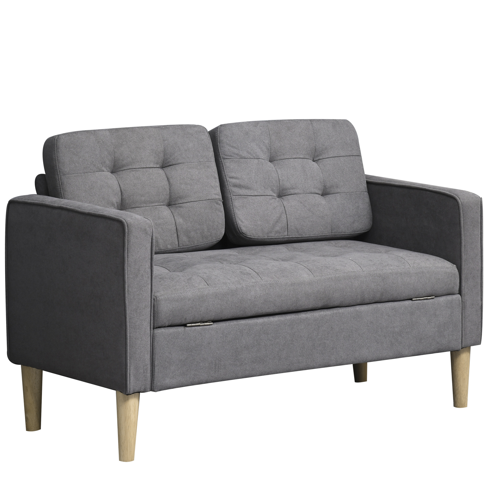 Modern 2 Seater Sofa with Hidden Storage, 117cm Tufted Cotton Couch, Compact Loveseat Sofa with Wood Legs, Grey - Life Essentials