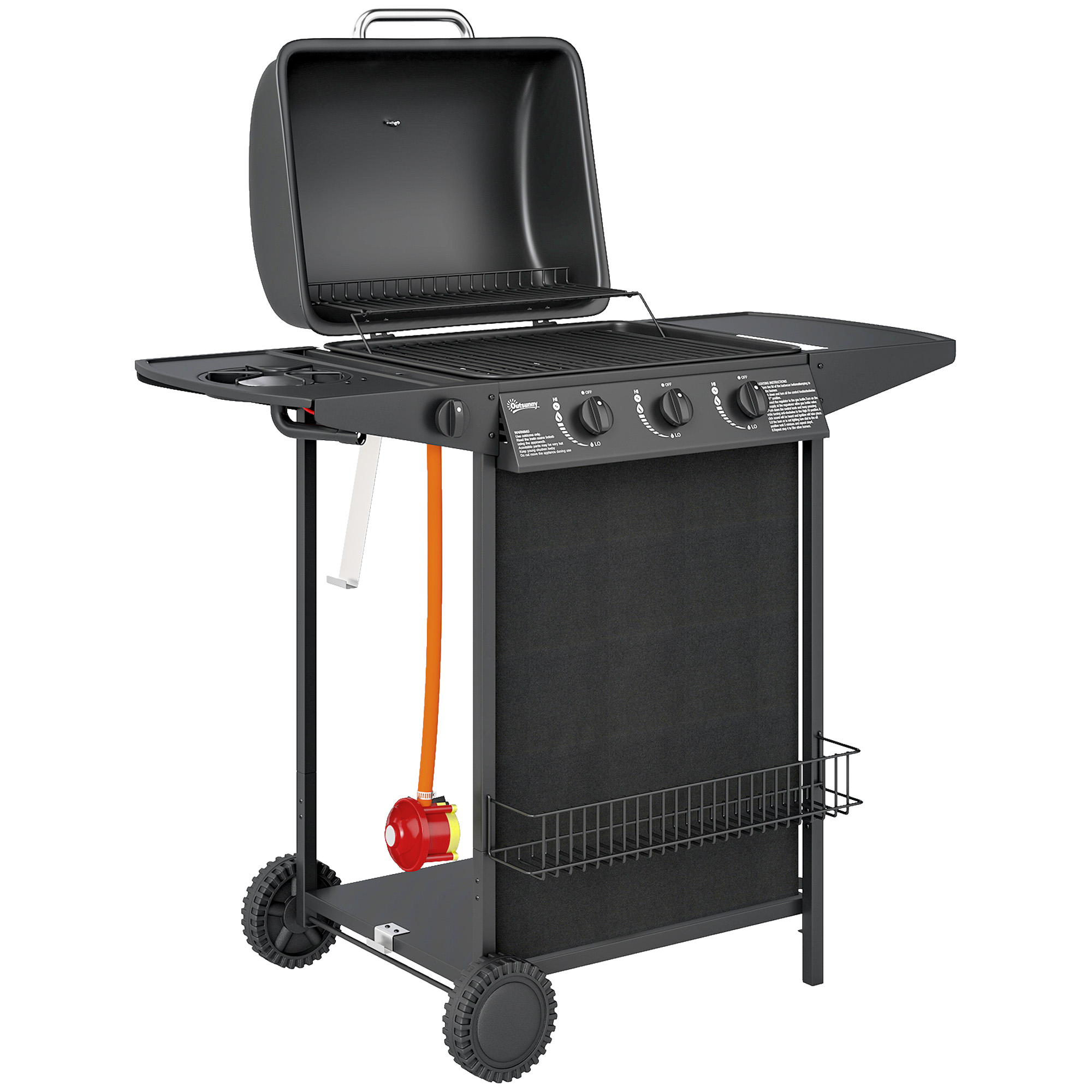 SUNVISTA 3+1 Burner Gas BBQ Grill, Built-in Thermometer, Side Table, Wheels, Outdoor Cooking, Black - Life Essentials