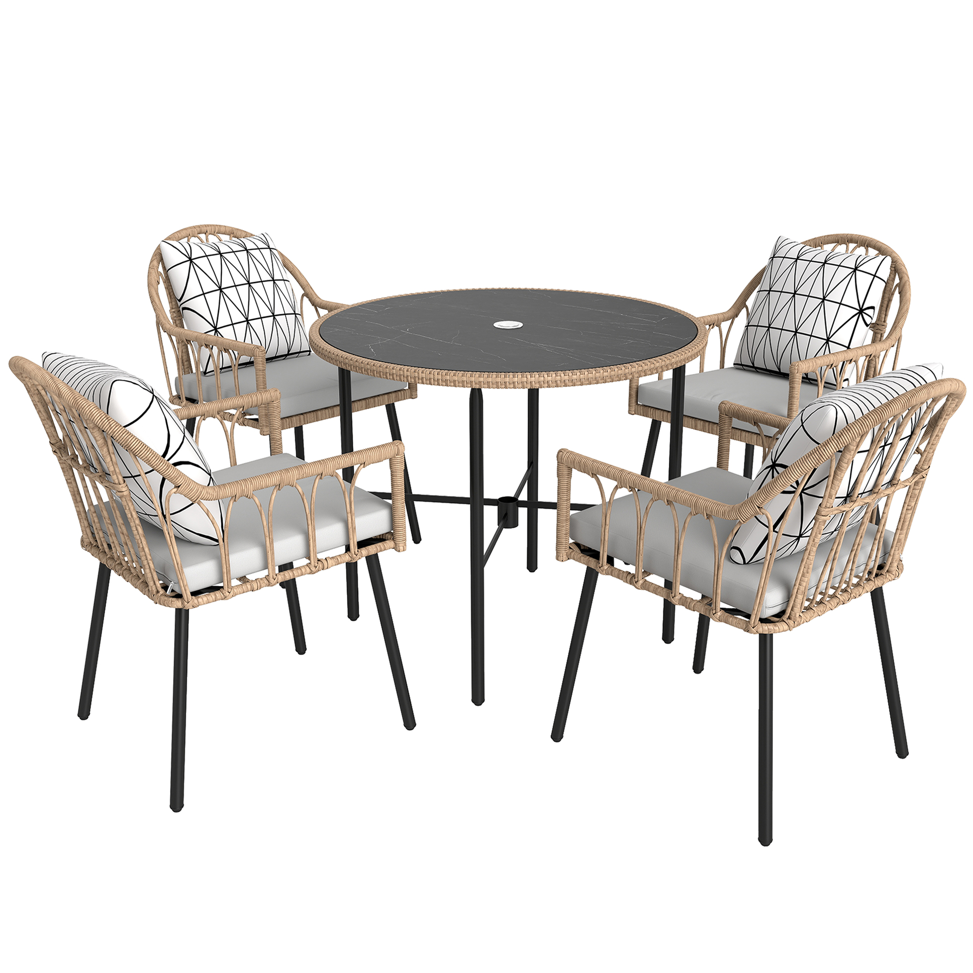 SUNVISTA 5-Piece Rattan Dining Set with Cushions, Round Glass Table with Parasol Hole, Patio Furniture, Light Brown - Life Essentials