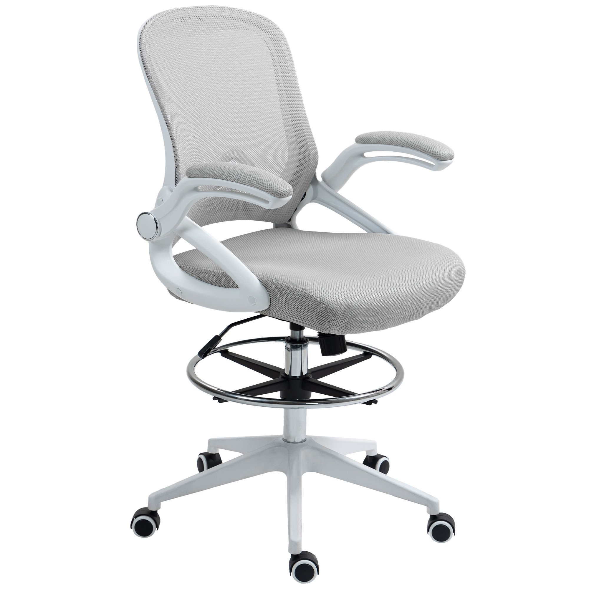 VONSETTA Drafting Chair with Flip-Up Arms & Foot Ring, Height Adjustable Mesh Office Stool, Light Grey - Life Essentials