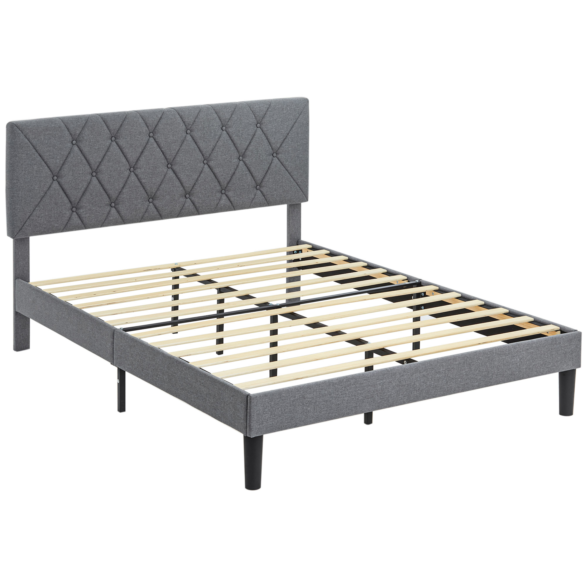 HERON Double Bed Frame with 5-Level Adjustable Linen Upholstered Headboard, Wooden Slats Mattress Foundation, No Box Spring Needed, Grey - Life 