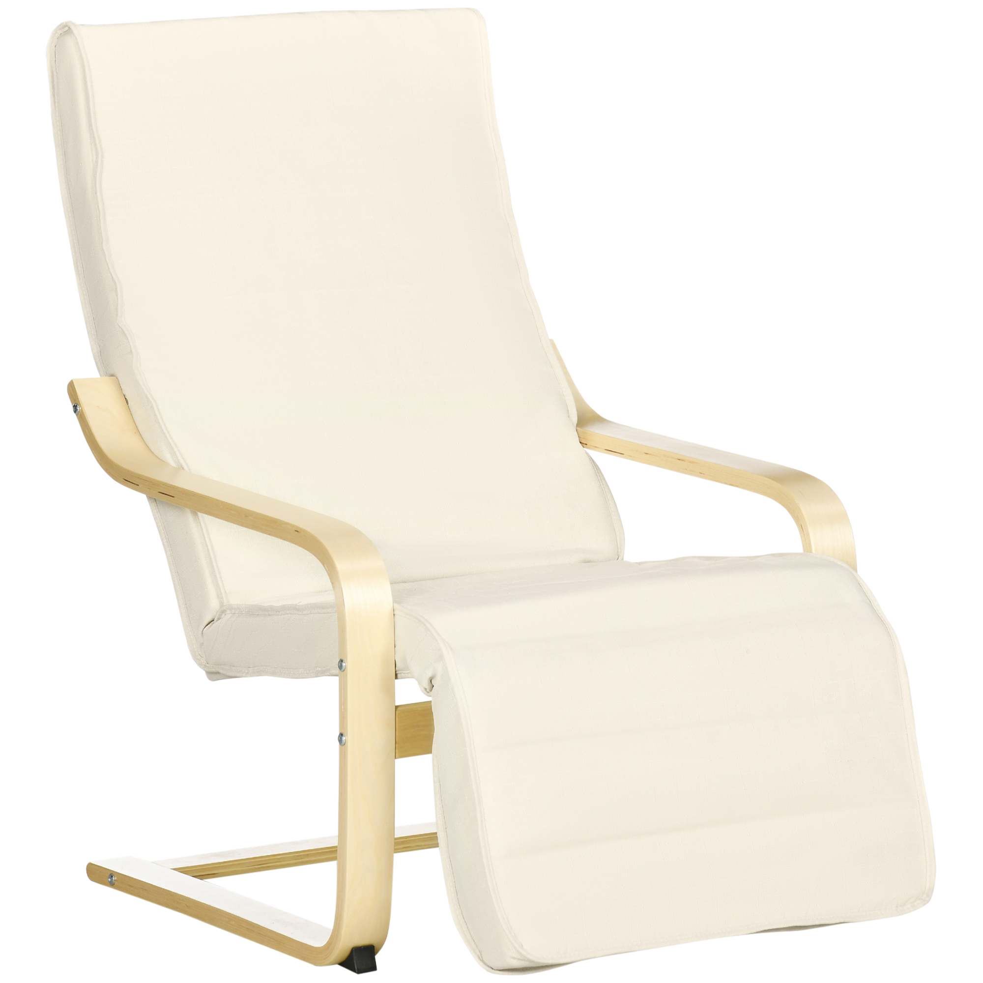 Wooden Lounging Chair Deck Relaxing Recliner Lounge Seat with Adjustable Footrest & Removable Cushion, Cream White - Life Essentials