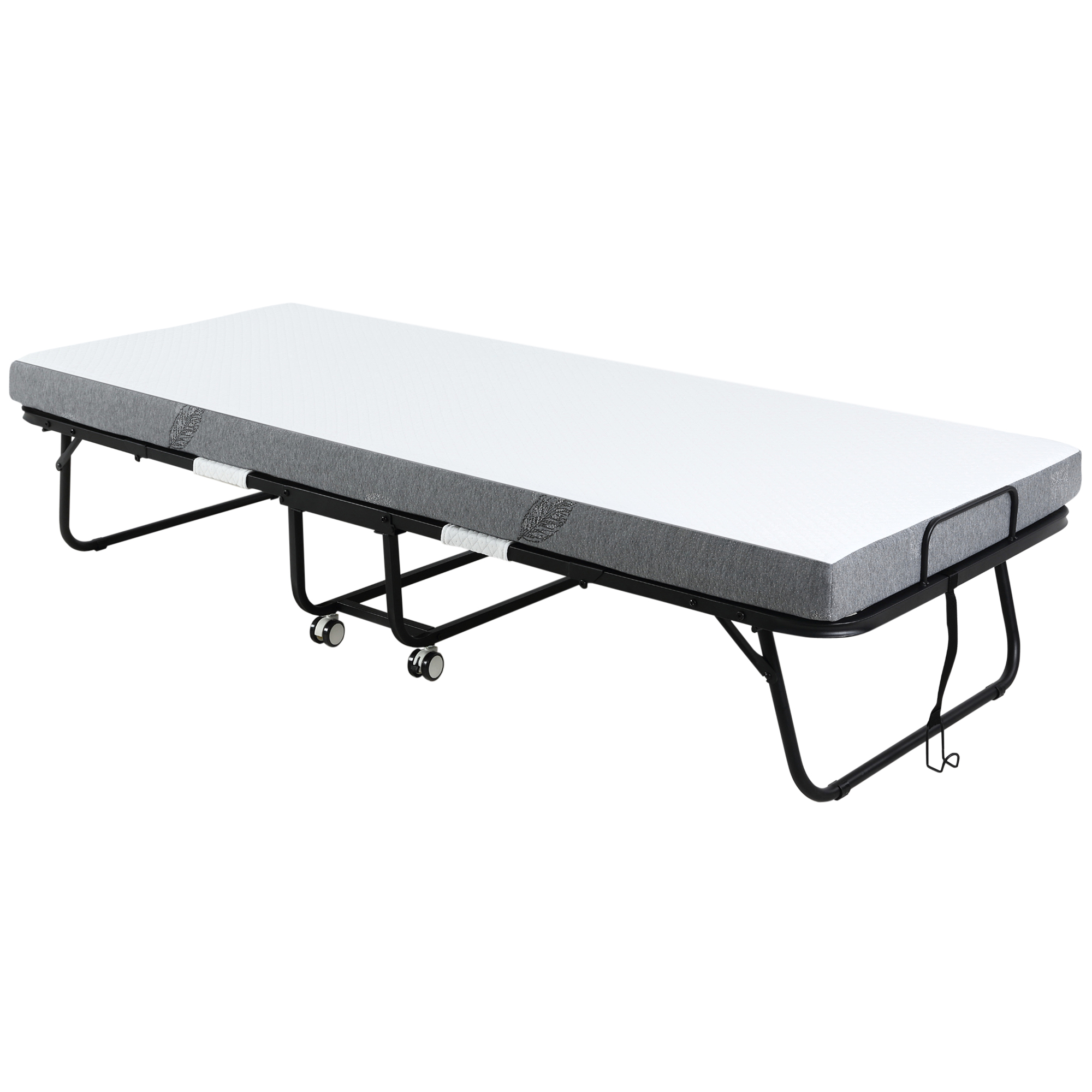 Folding Bed with 10cm Mattress, Portable Foldable Guest Bed with Sturdy Metal Frame on Wheels - Life Essentials