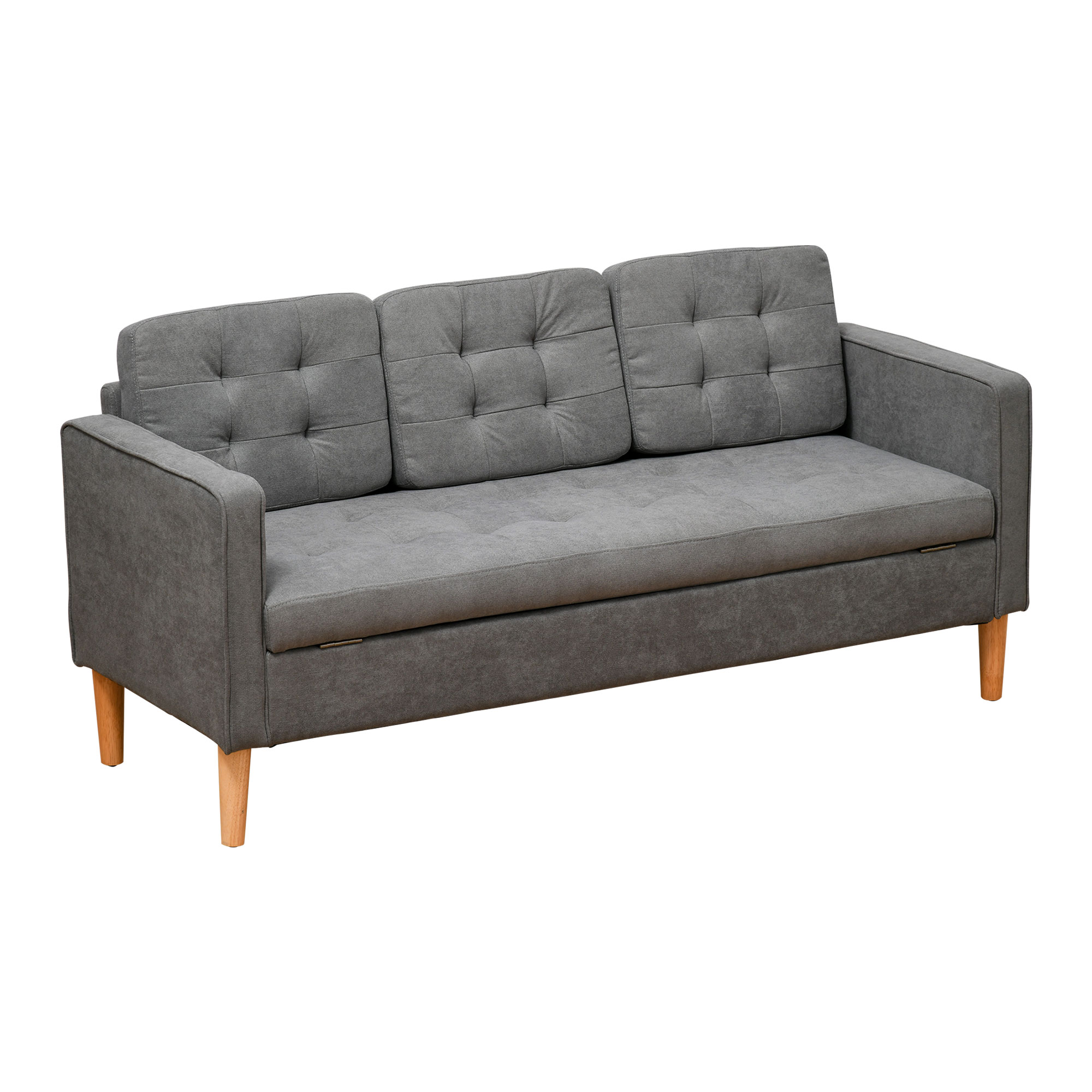 Modern 3-Seater Sofa Button-Tufted Fabric Couch with Hidden Storage Rubberwood Legs for Living Room, Grey - Life Essentials