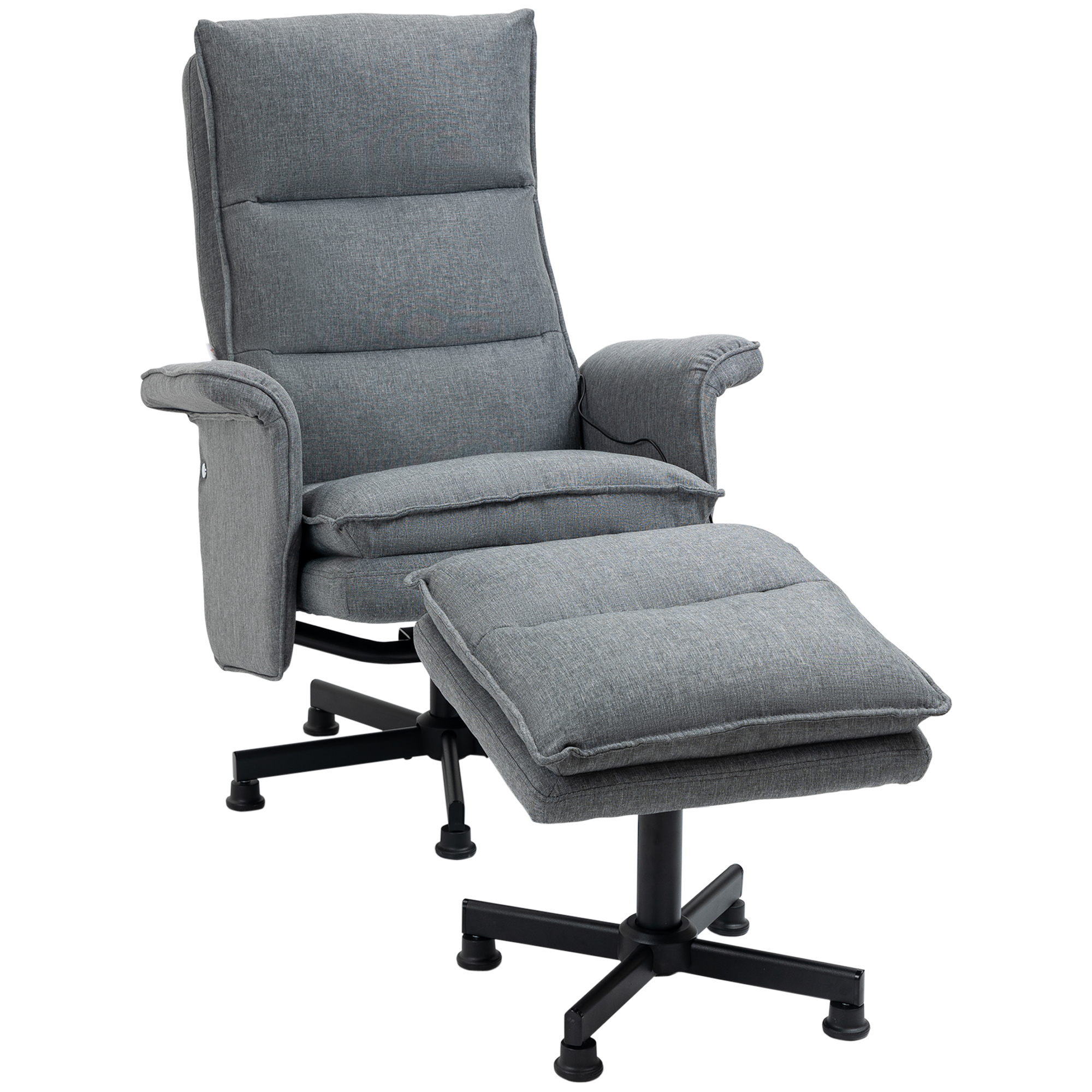Swivel Recliner Chair and Footstool, Upholstered Massage Recliner Armchair with Remote Control, Timer and Steel Base, Grey - Life Essentials