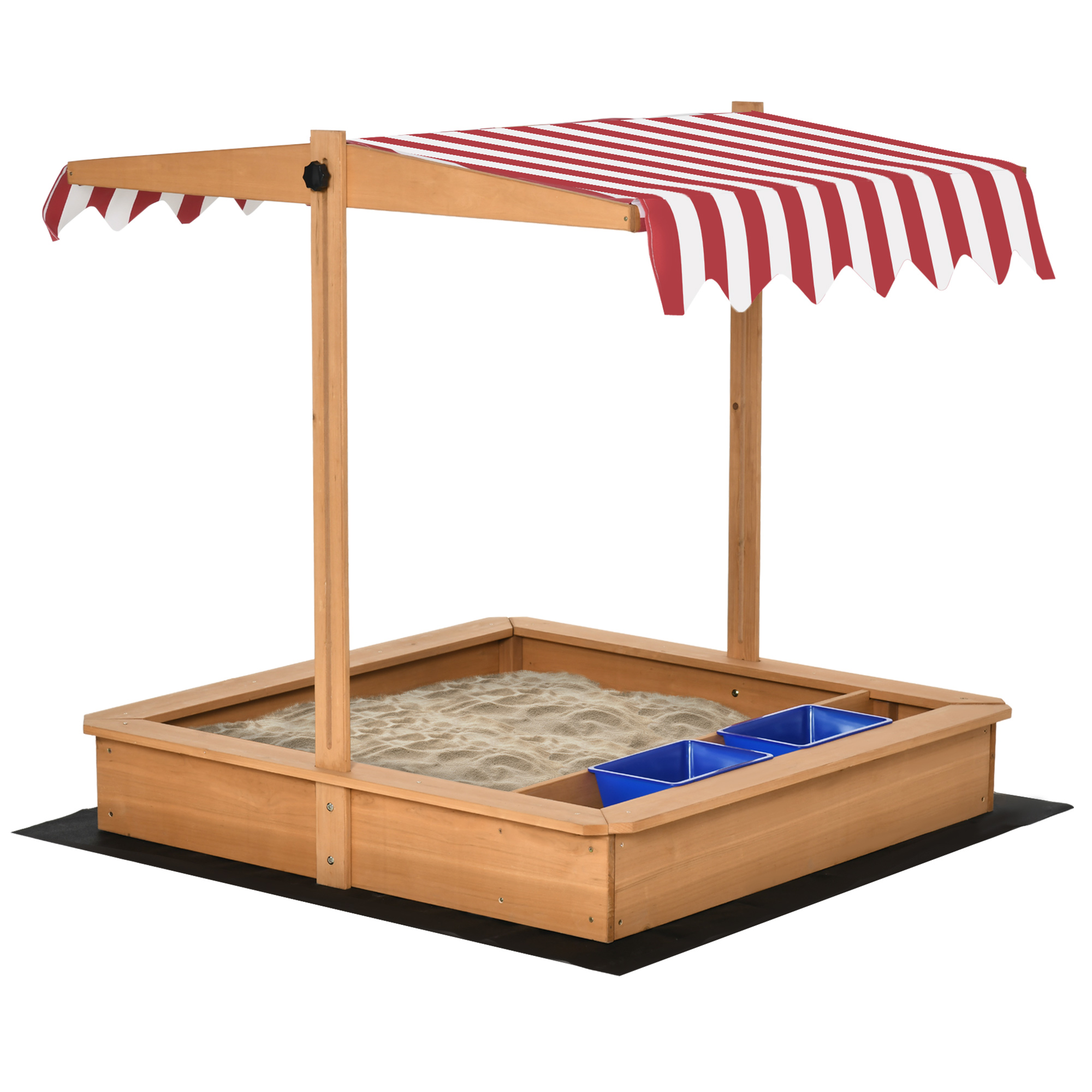 Kids Wooden Sandbox, Children Sand Play Station Outdoor with Adjustable Height Cover, Bottom Liner, Seat, Plastic Basins, Aged 3-7 Years Old - Life 