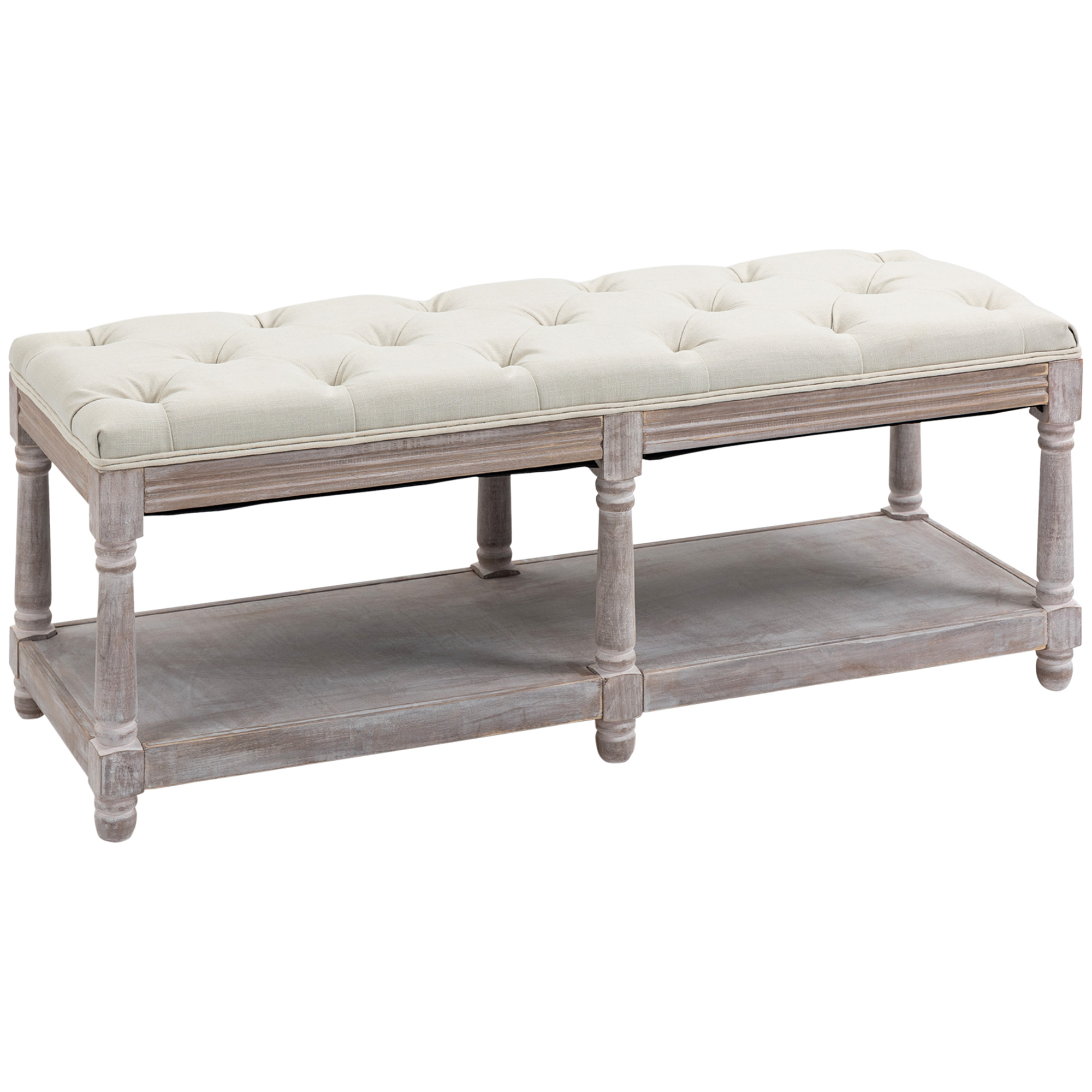 2 Tier Shoe Rack Bench with Button Tufted Upholstered Cushion, Vintage Bed End Bench, Wooden Window Seat for Hallway, Living Room, Cream White - Life 
