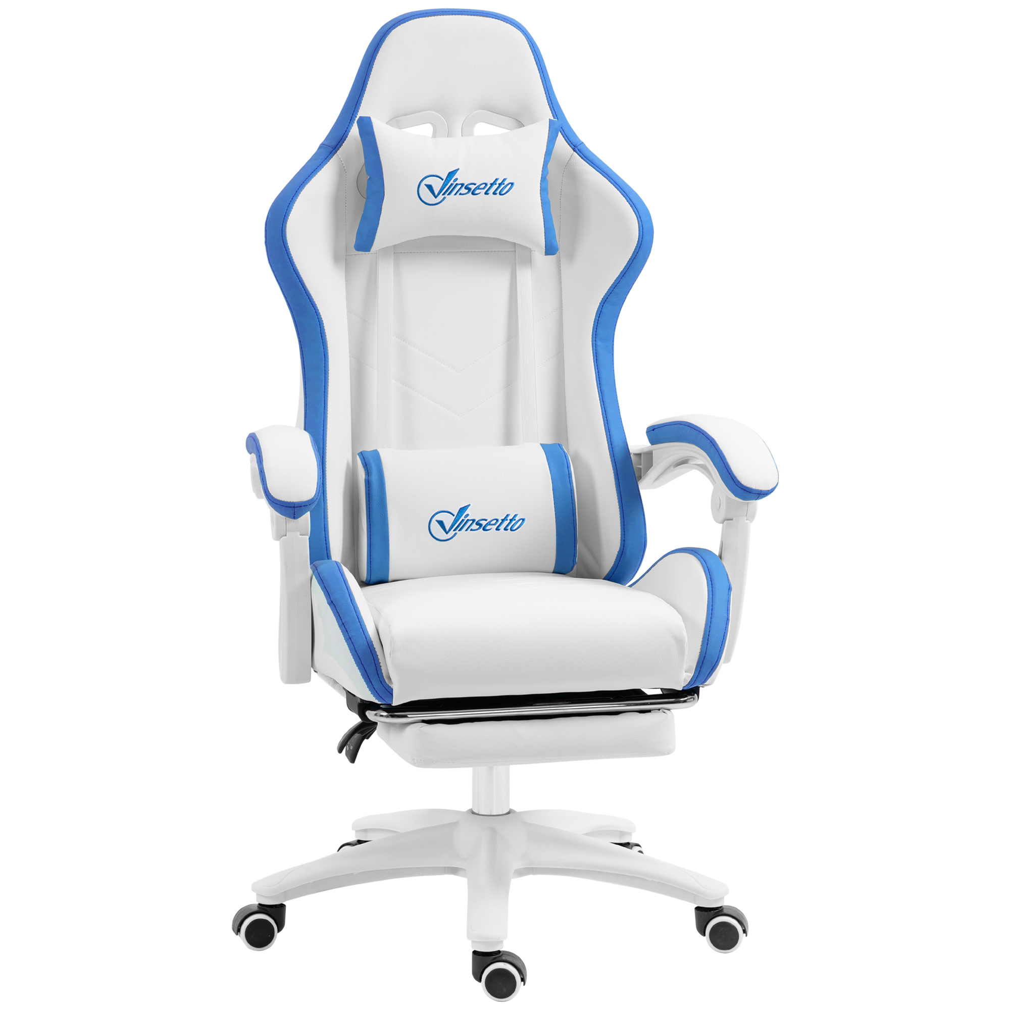 Preston PU Leather Racing Gaming Chair with Footrest Removable Headrest and Lumber Support - White and Blue - Life Essentials