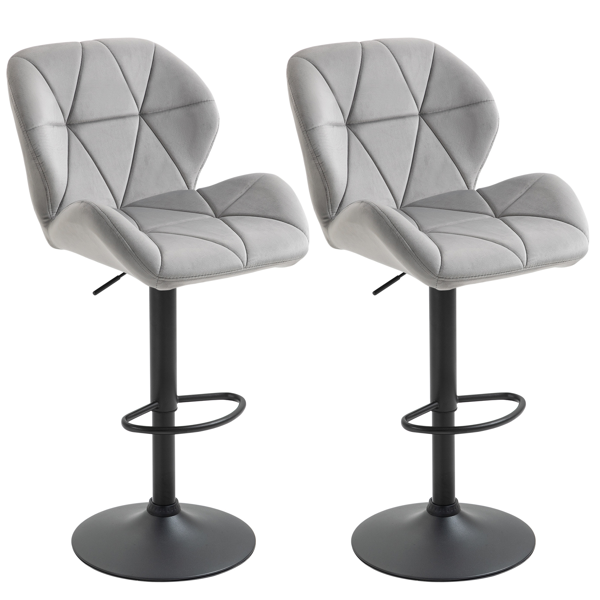 Bar Stool Set of 2 Fabric Adjustable Height Armless Upholstered Counter Chairs with Swivel Seat, Light Grey - Life Essentials