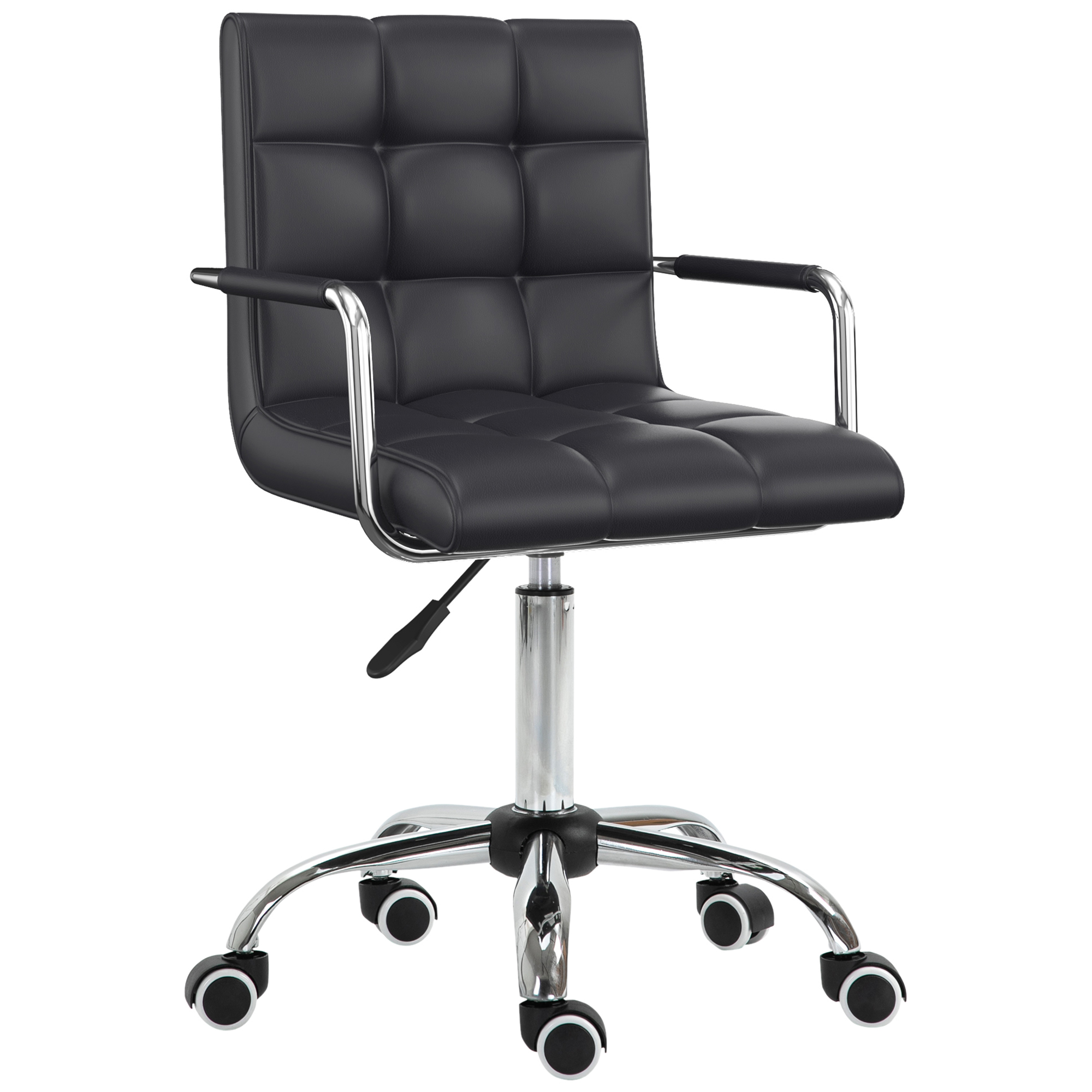 Mid Back PU Leather Home Office Desk Chair Swivel Computer Chair with Arm, Wheels, Adjustable Height, Black - Life Essentials