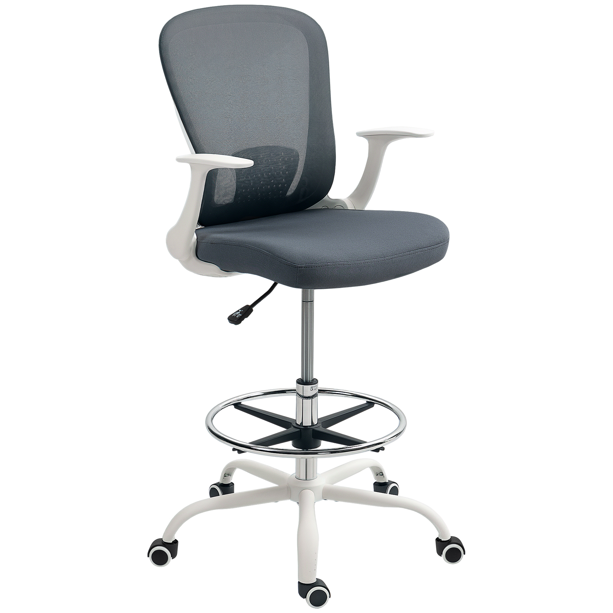HERON Draughtsman Chair, Mesh Drafting Chair, Ergonomic Office Chair with Flip-up Armrest, Adjustable Foot Ring, Grey - Life Essentials