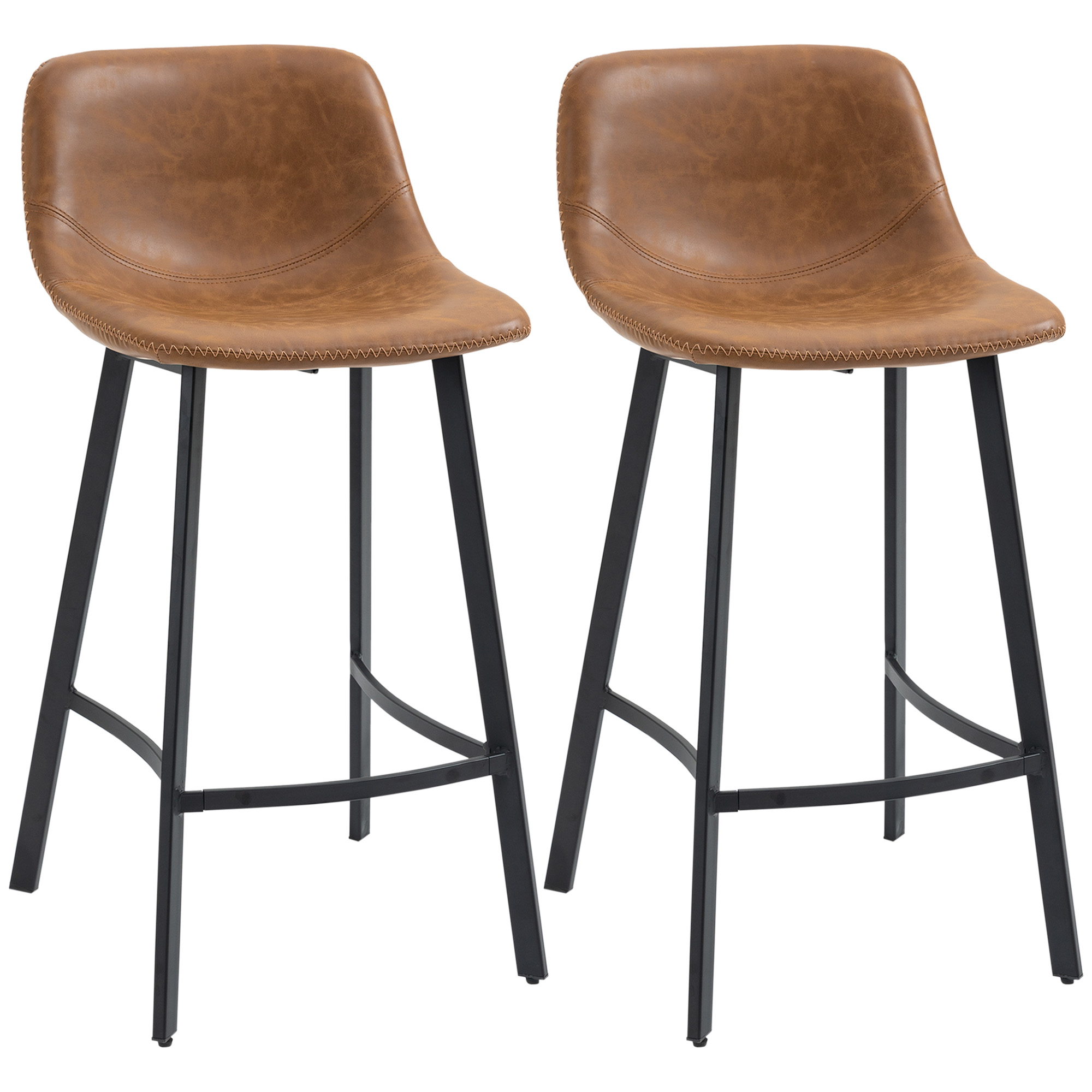 Bar Stools Set of 2, Industrial Kitchen Stool, Upholstered Bar Chairs with Back, Steel Legs, Brown - Life Essentials