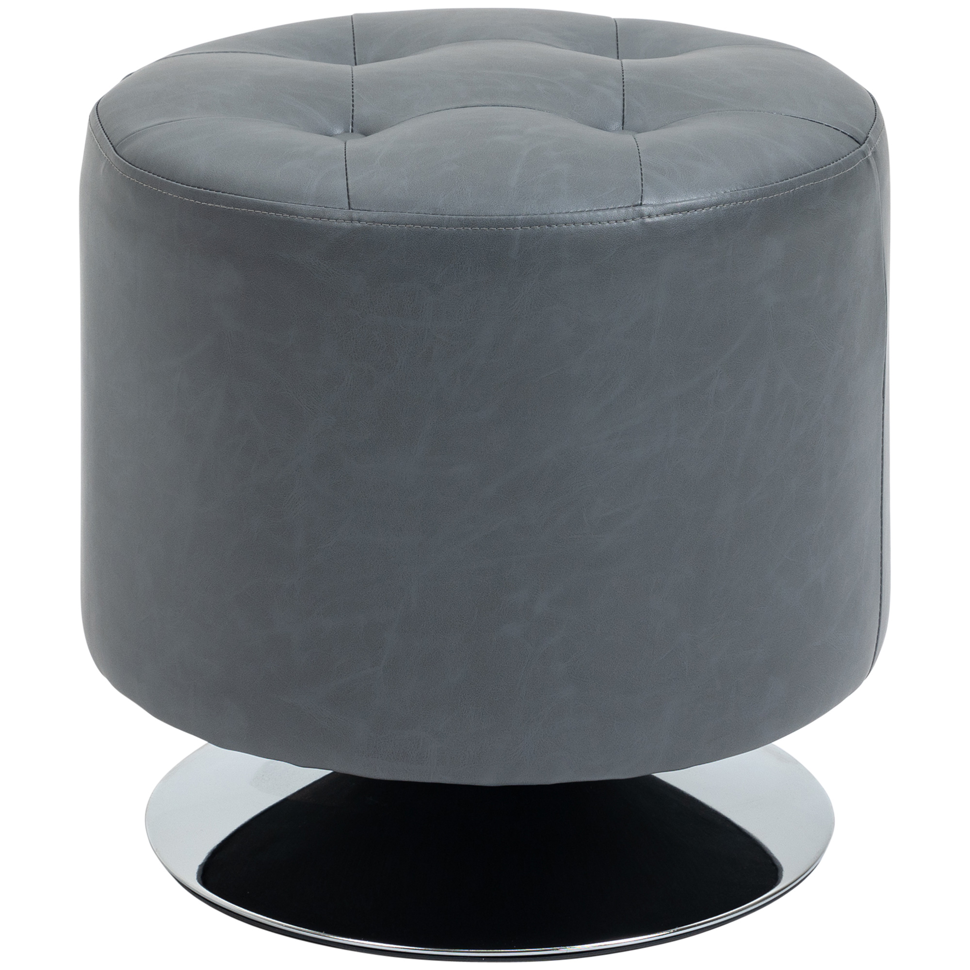 360deg Swivel Foot Stool Round PU Ottoman with Thick Sponge Padding and Solid Steel Base, Grey - Life Essentials