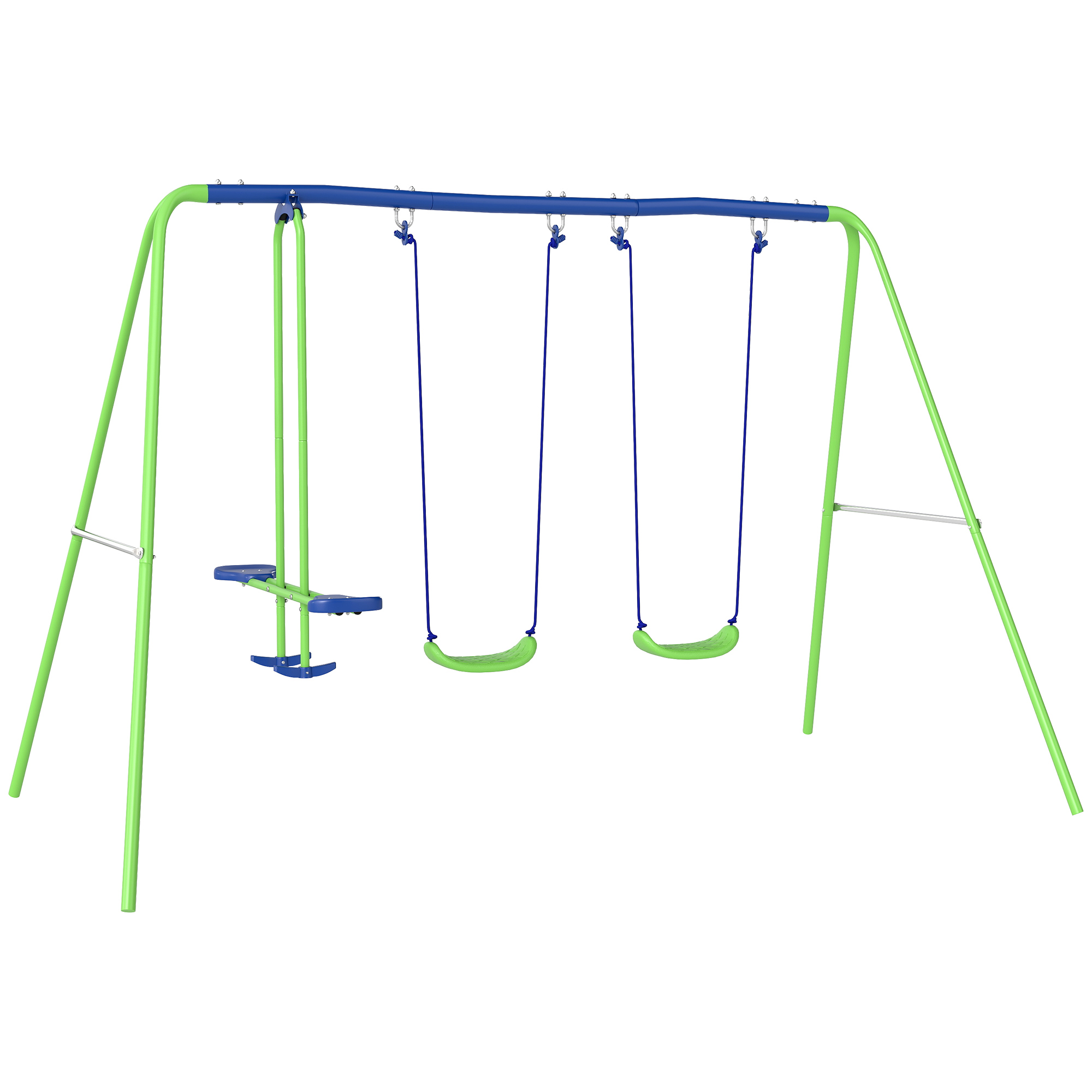 Metal Swings & Seesaw Set Double Seats with a Height Adjustable Children Outdoor Backyard Play Set for Toddlers Over 3 Years Old, Green - Life 