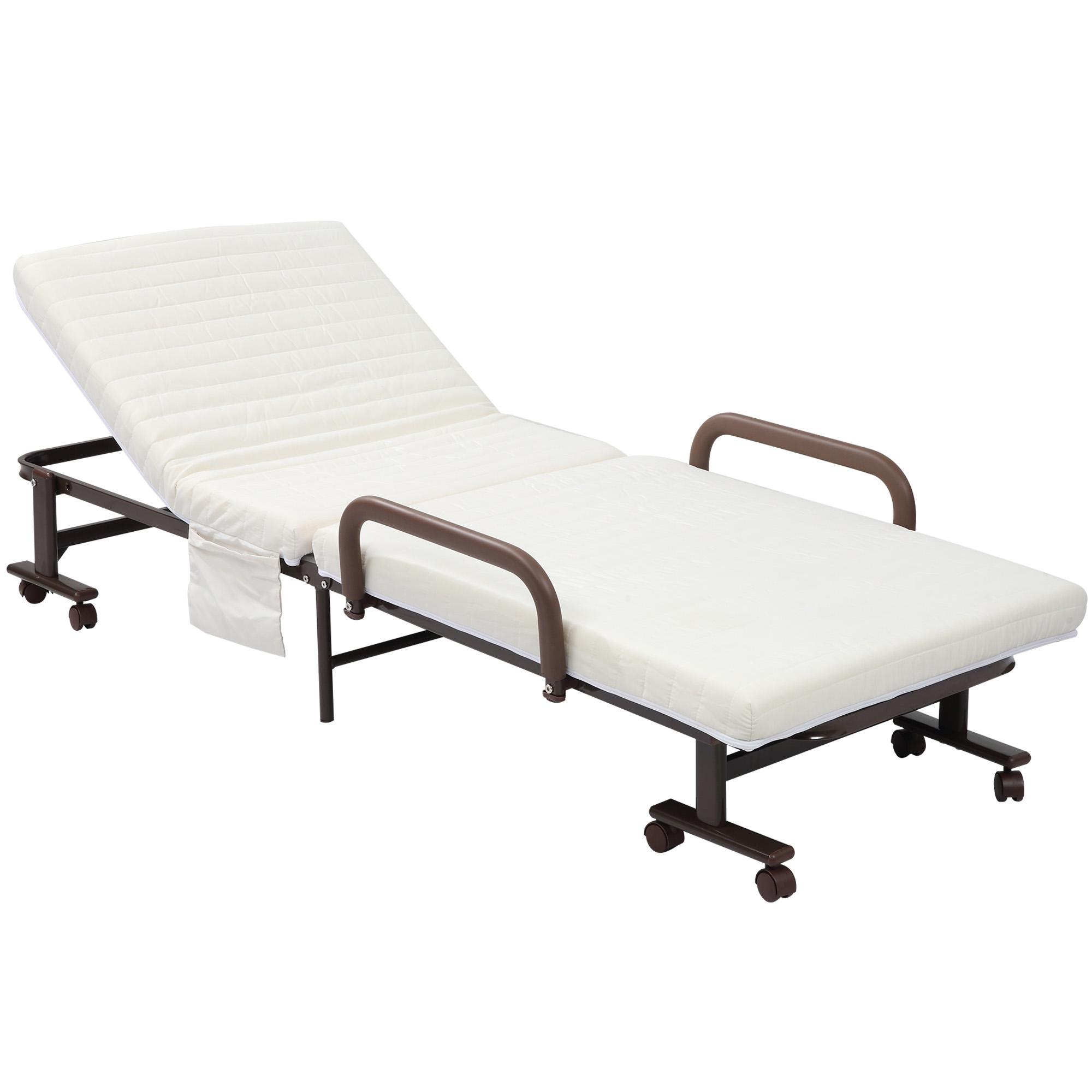 Folding Bed with 8cm Mattress, Portable Foldable Guest Bed with Adjustable Backrest, Metal Frame on Wheels, Brown - Life Essentials