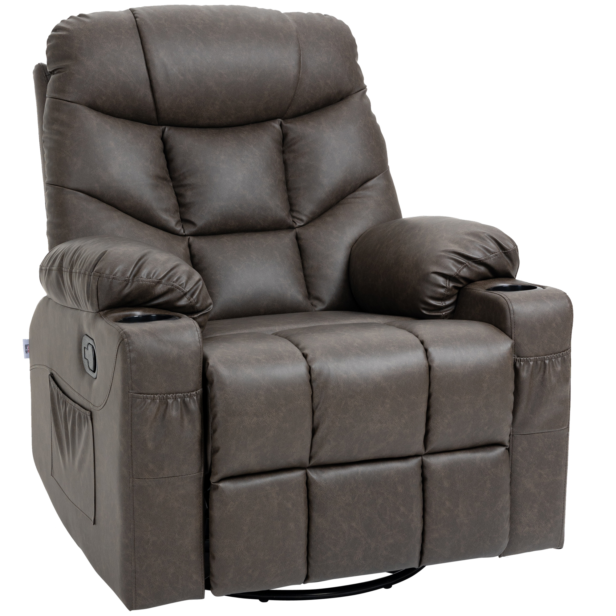 Manual Reclining Chair, Recliner Armchair with Faux Leather, Footrest, Cup Holders, 86x93x102cm, Brown - Life Essentials