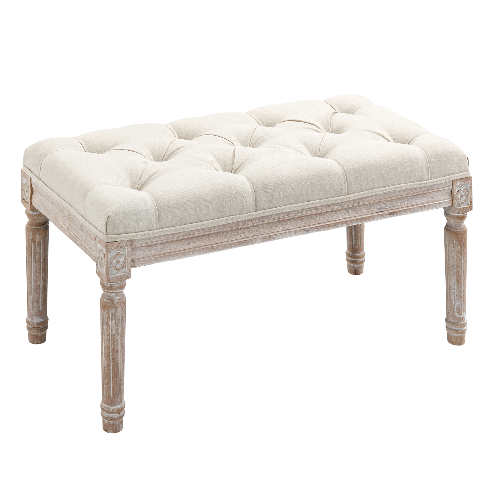 Accent Bench Tufted Upholstered Foot Stool Linen-Touch Fabric Ottoman for Living Room, Bedroom, Hallway, Beige - Life Essentials