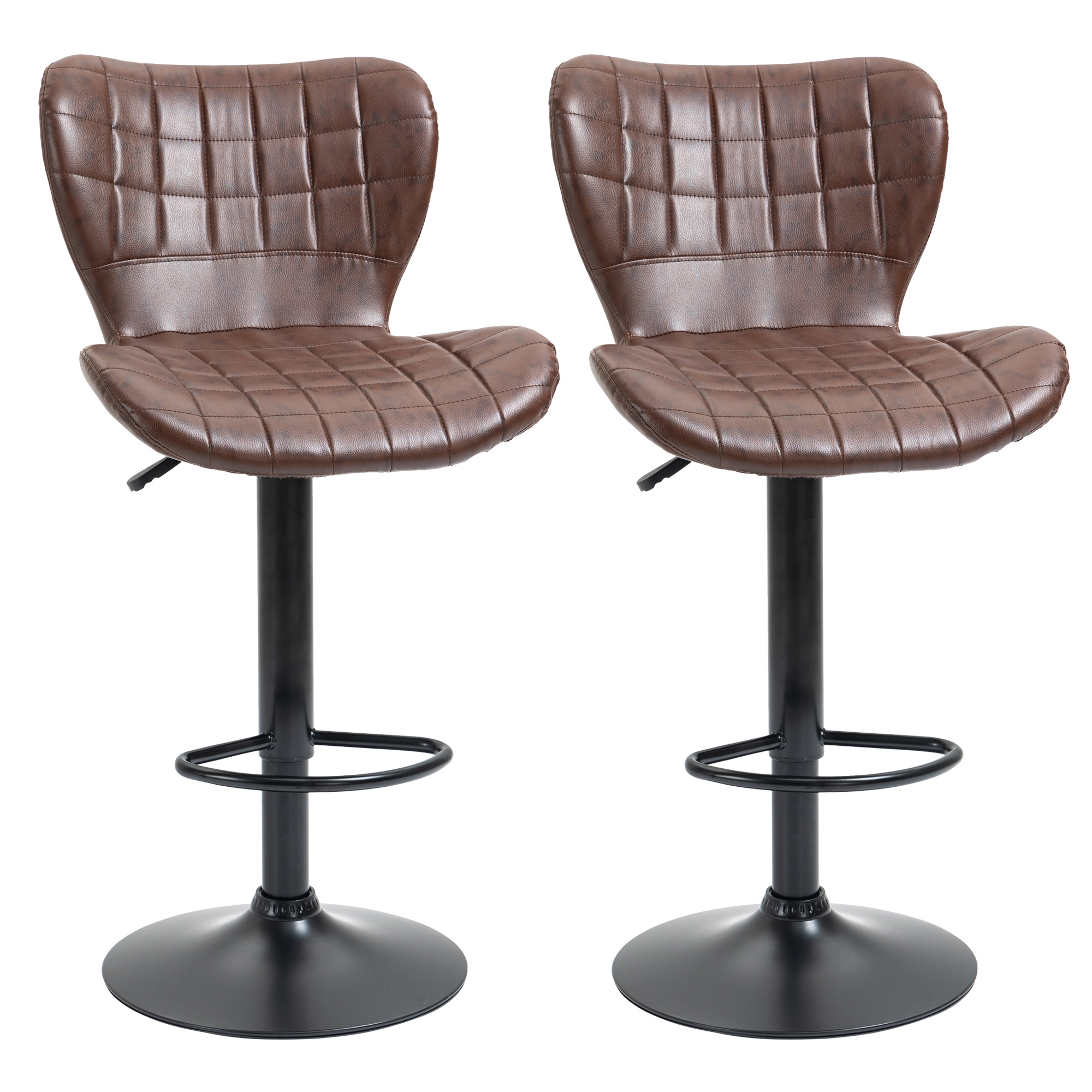 Bar Stools Set of 2 Adjustable Height Swivel Bar Chairs in PU Leather with Backrest & Footrest, Brown - Life Essentials