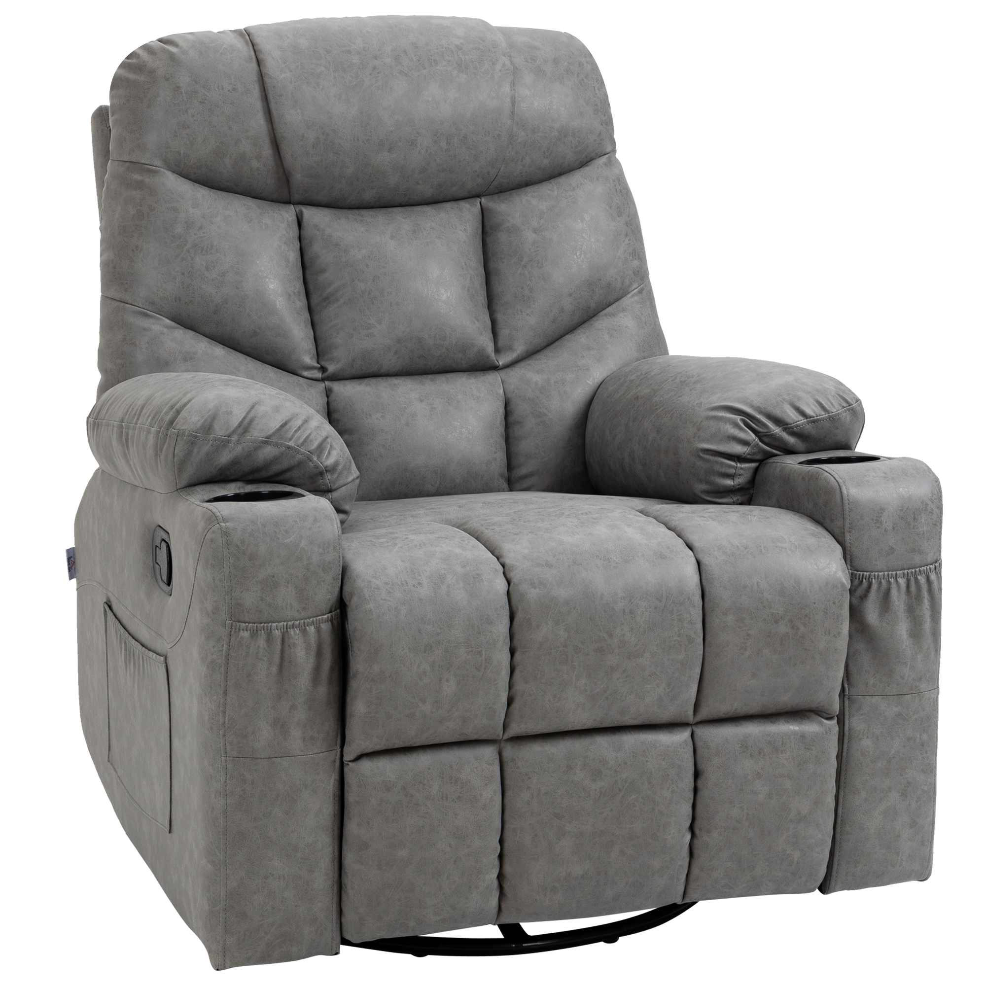 Manual Reclining Chair, Recliner Armchair with Faux Leather, Footrest, Cup Holders, 86x93x102cm, Grey - Life Essentials