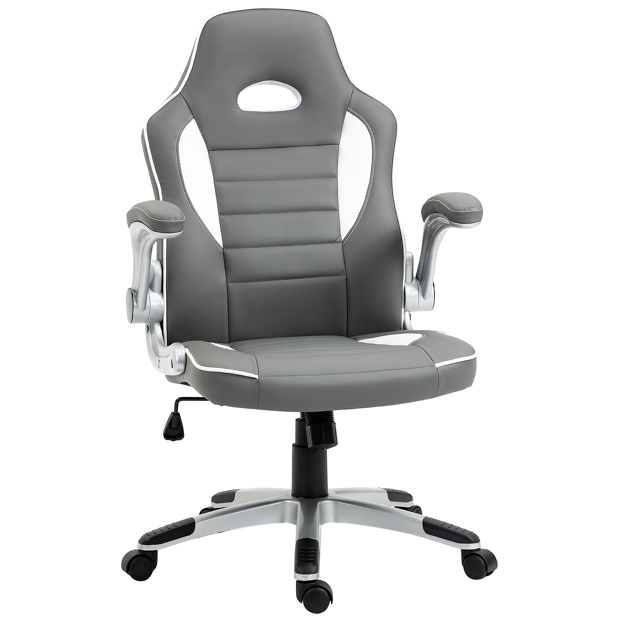 Racing Gaming Chair, PU Leather Computer Desk Chair, Height Adjustable Swivel Chair With Tilt Function and Flip Up Armrests, Grey - Life Essentials