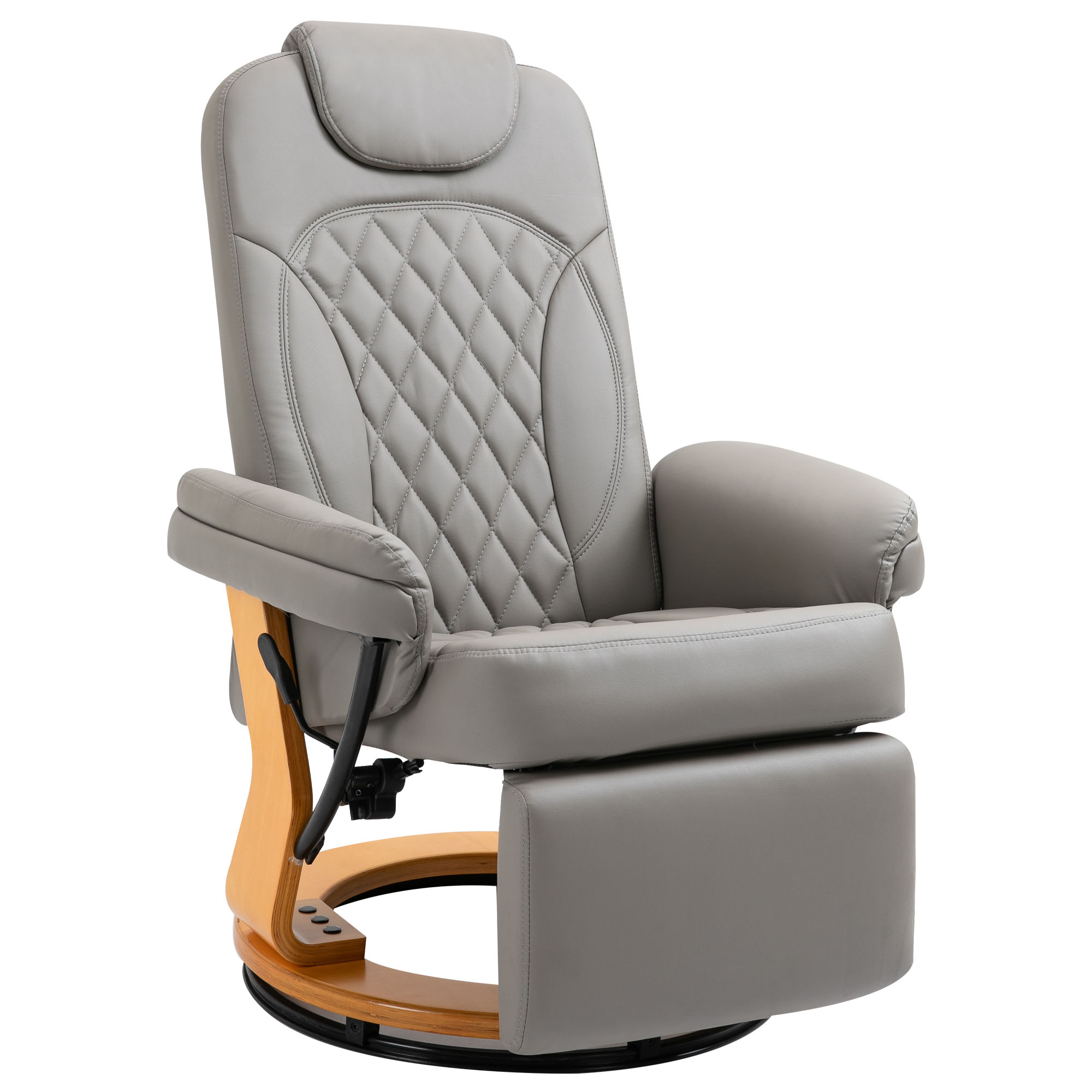 PU Recliner Chair with Footrest, Headrest, Round Wooden Base, Lounge Reading Armchair for Living Room, Bedroom and Office, Grey - Life Essentials