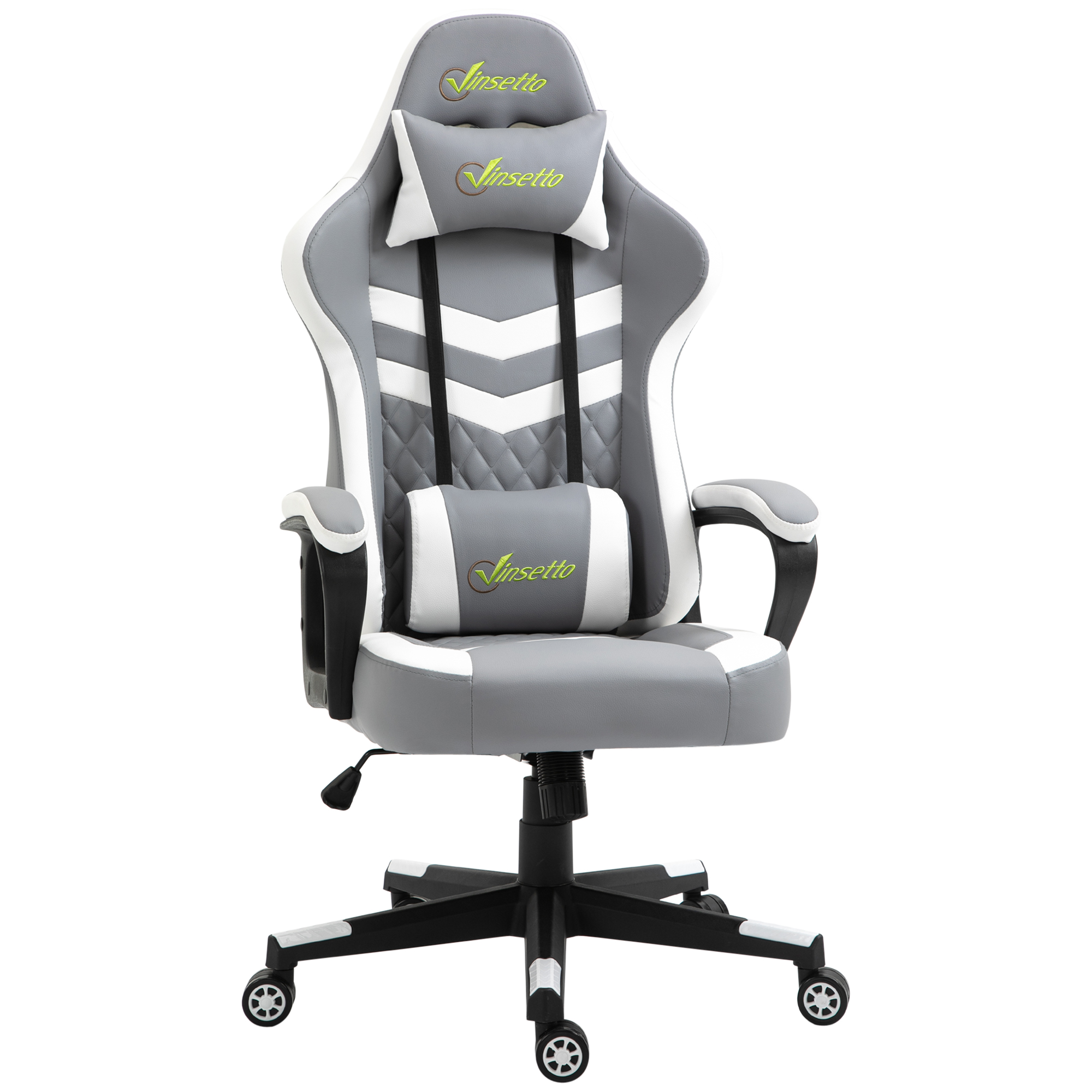 Racing Gaming Chair with Lumbar Support, Headrest, Swivel Wheel, PVC Leather Gamer Desk Chair for Home Office, Grey White - Life Essentials