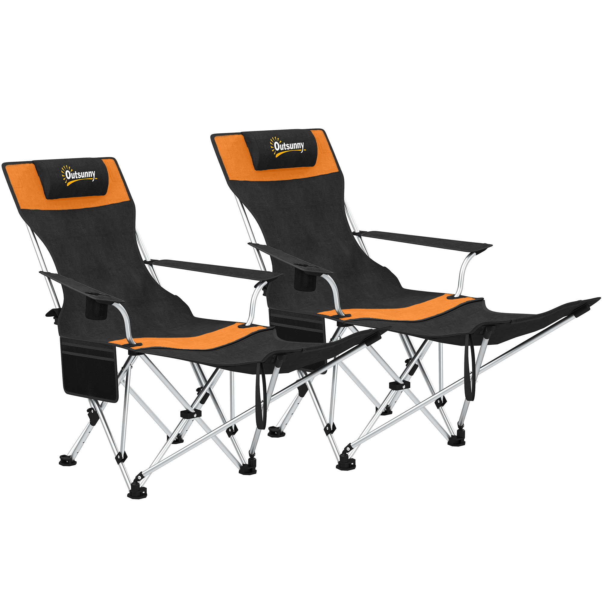 SUNVISTA Reclining Folding Camping Chairs Set of 2, Footrest, Cup Holder & Storage Bag, Orange/Black - Life Essentials
