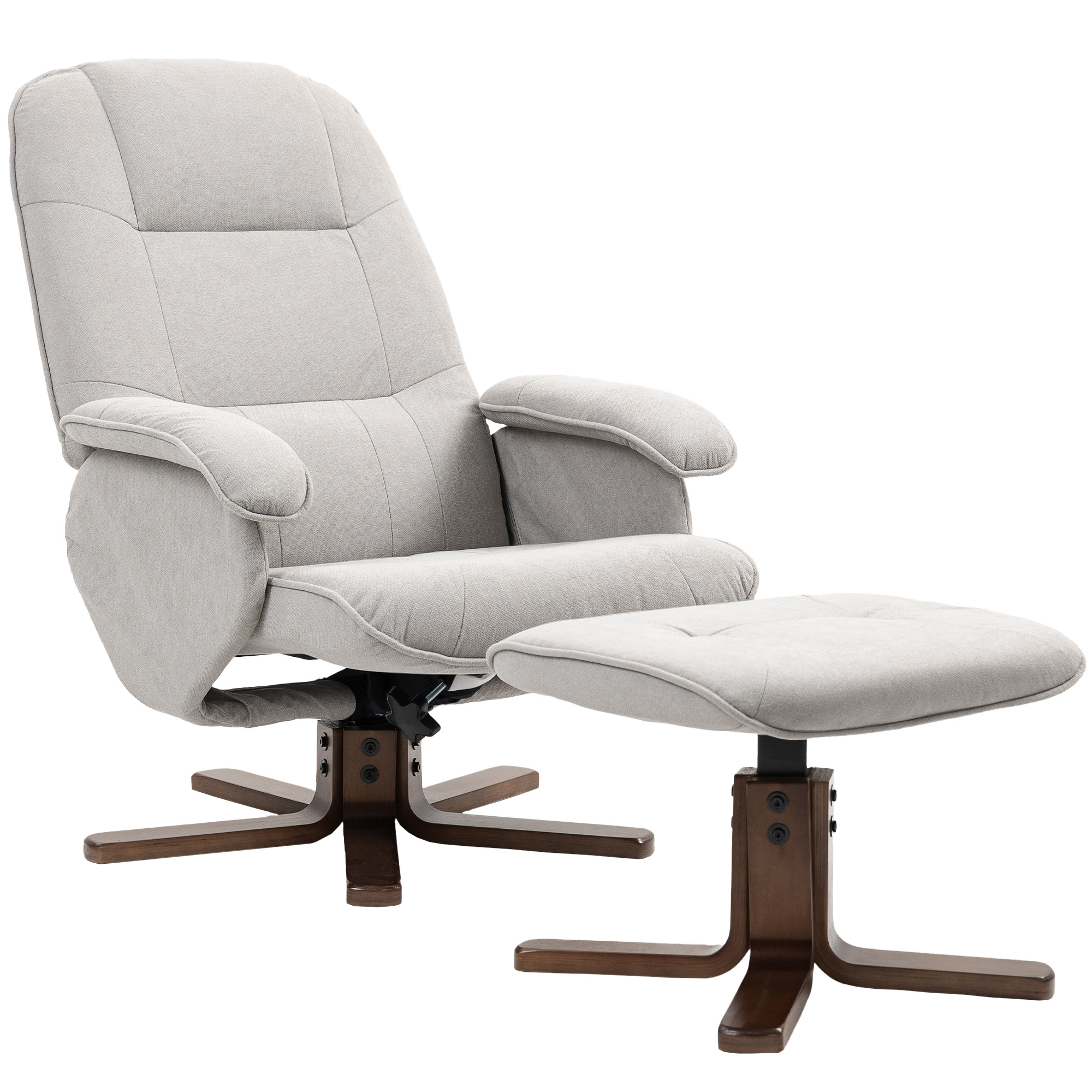 HERON Linen Swivel Recliner Chair with Footstool, Upholstered Reclining Armchair with Wooden Base for Living Room, Light Grey - Life Essentials