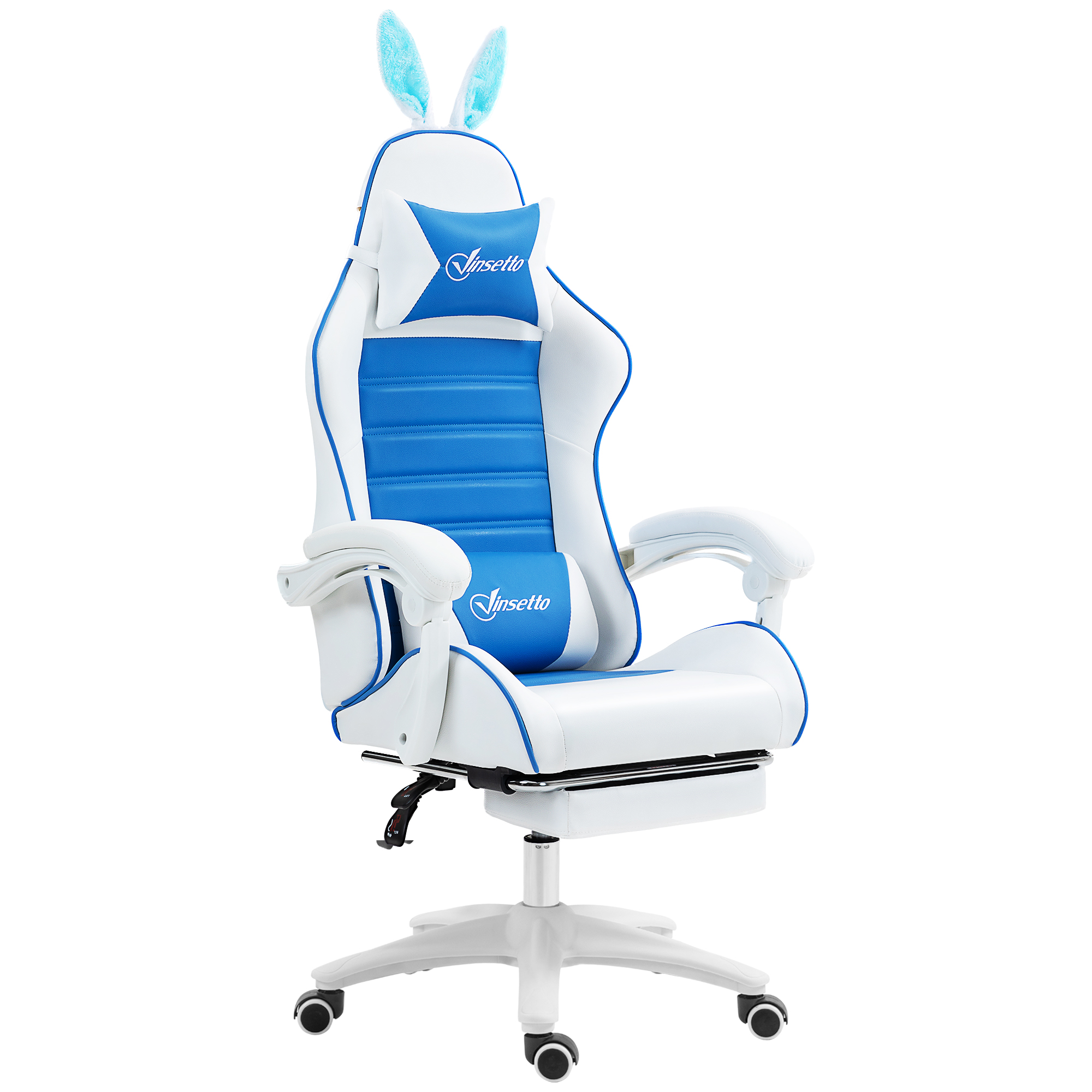Preston Racing Gaming Chair Reclining PU Leather with Removable Ears - Blue - Life Essentials