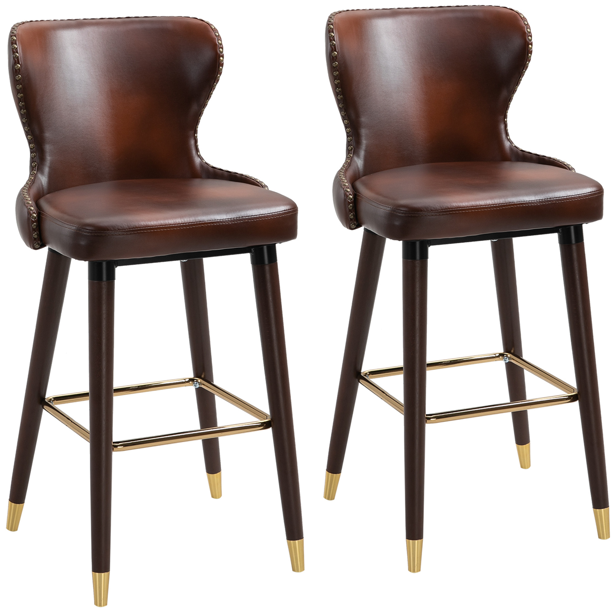 Bar Stools Set of 2, PU Leather Vintage Counter-Height Bar Chair, Luxury European Style Kitchen Stools with Back, Brown - Life Essentials