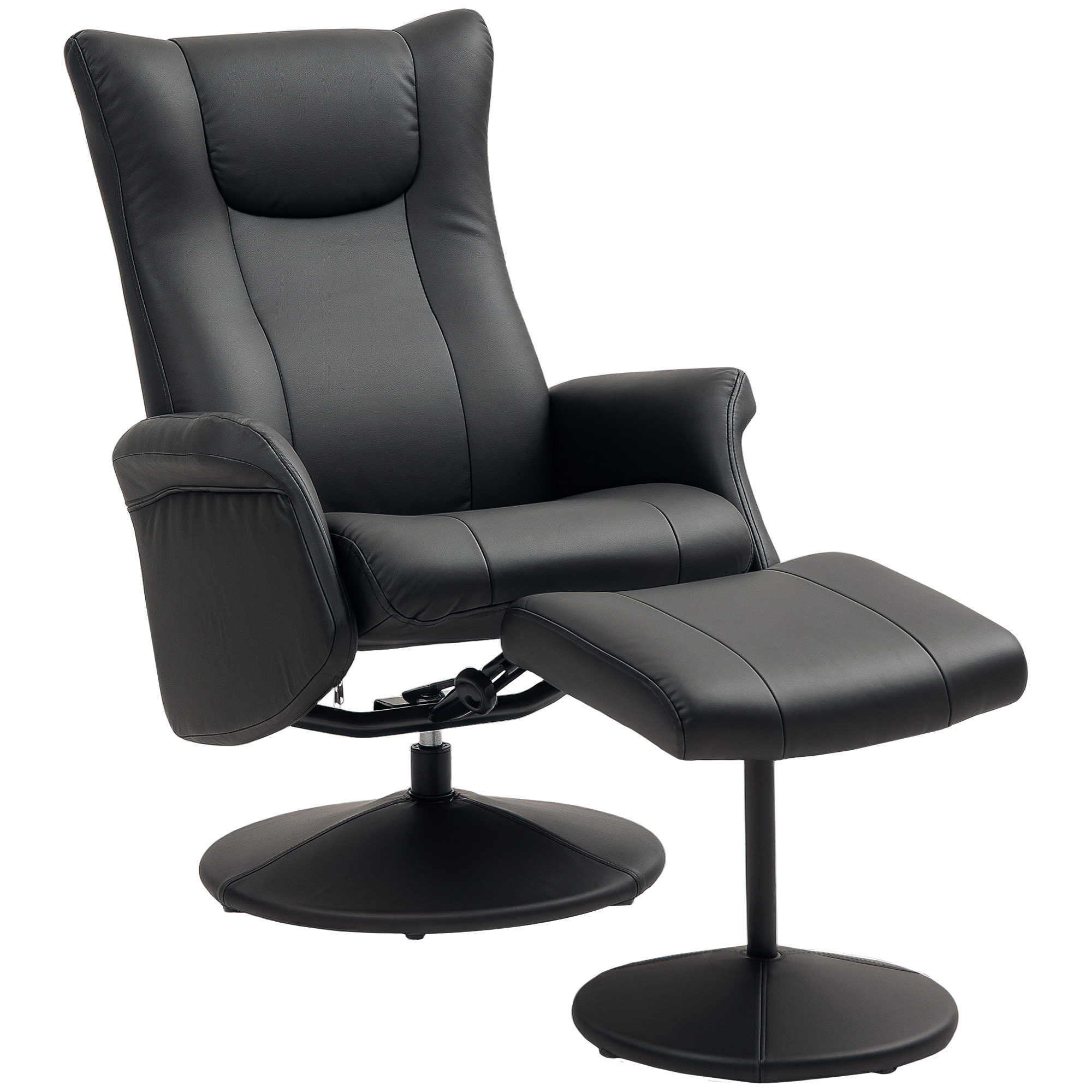 HERON Swivel PU Leather Recliner Chair with Footstool, Adjustable Lounge Armchair with Steel Frame, Black - Life Essentials