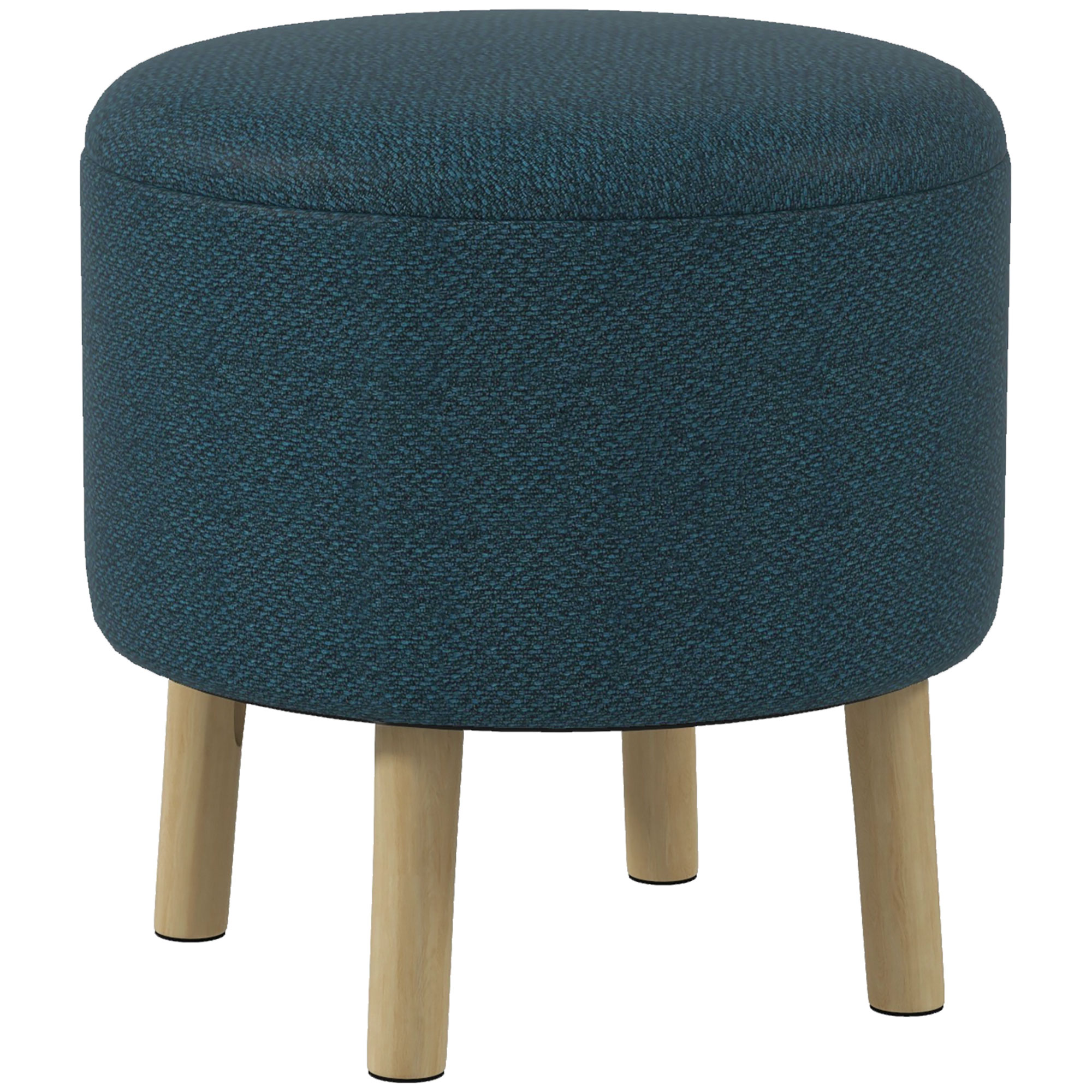 Round Ottoman Stool with Storage, Linen Fabric Upholstered Foot Stool with Padded Seat, Hidden Space and Wood Legs - Life Essentials