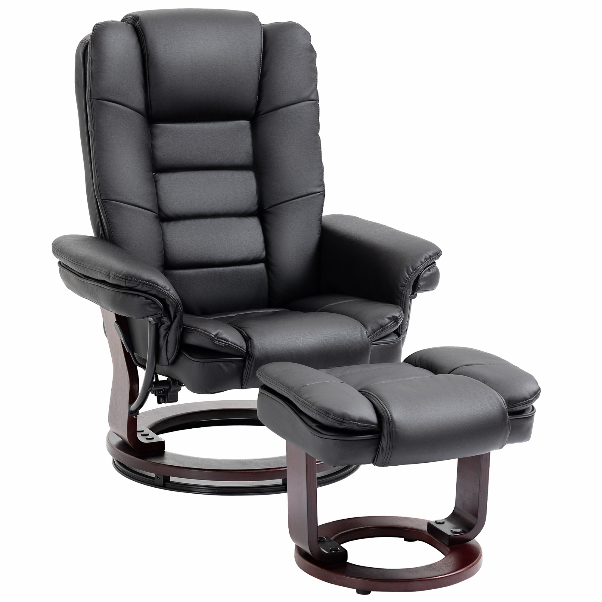 Manual Recliner and Footrest Set PU Leather Leisure Lounge Chair Armchair with Swivel Wood Base, Black - Life Essentials