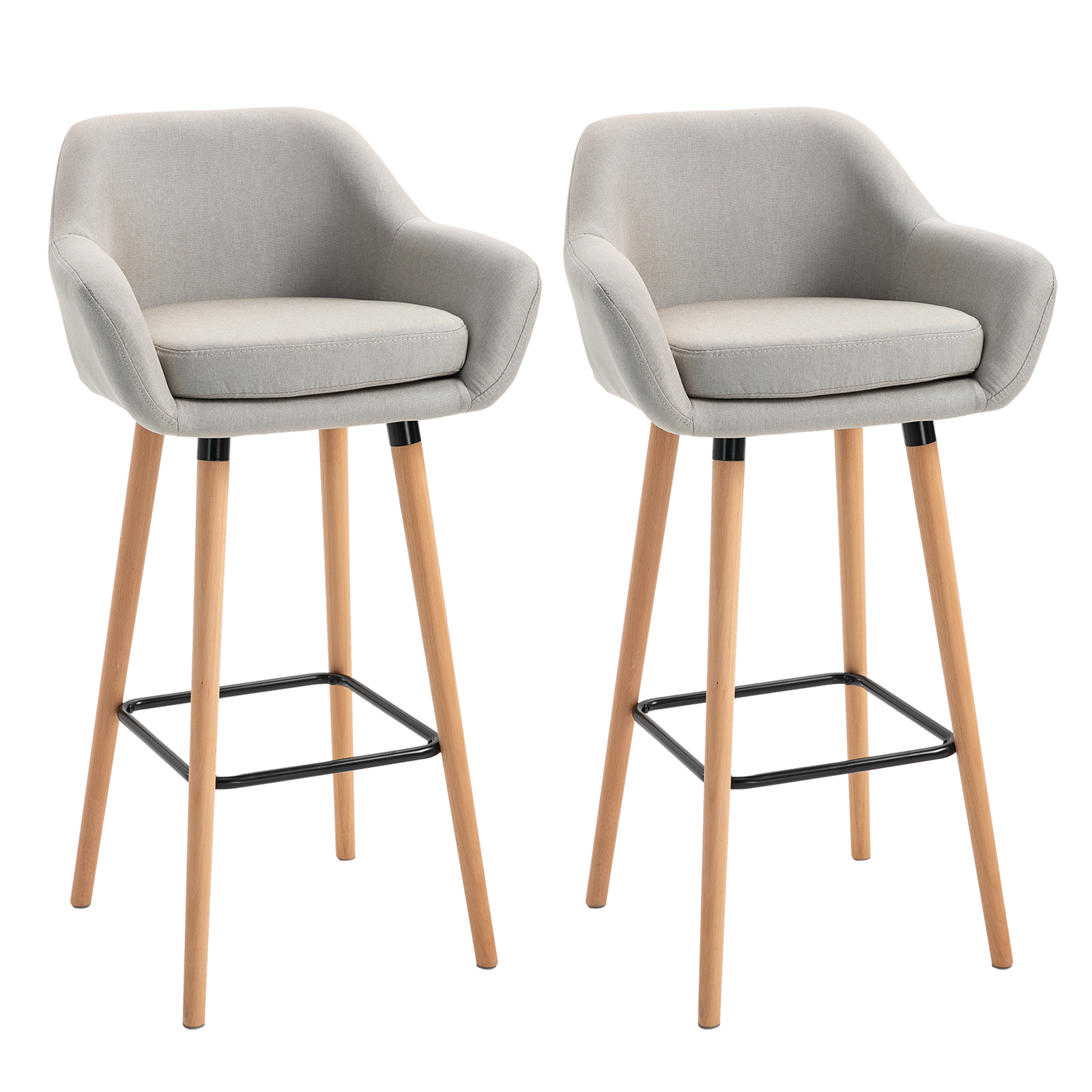 Set of 2 Bar Stools Modern Upholstered Seat Bar Chairs w/ Metal Frame, Solid Wood Legs Living Room Dining Room Fabric Furniture - Beige - Life 